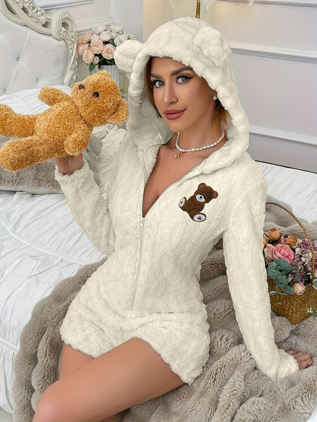 Fleece Hooded Onesie with Bear Print & Zipper Closure