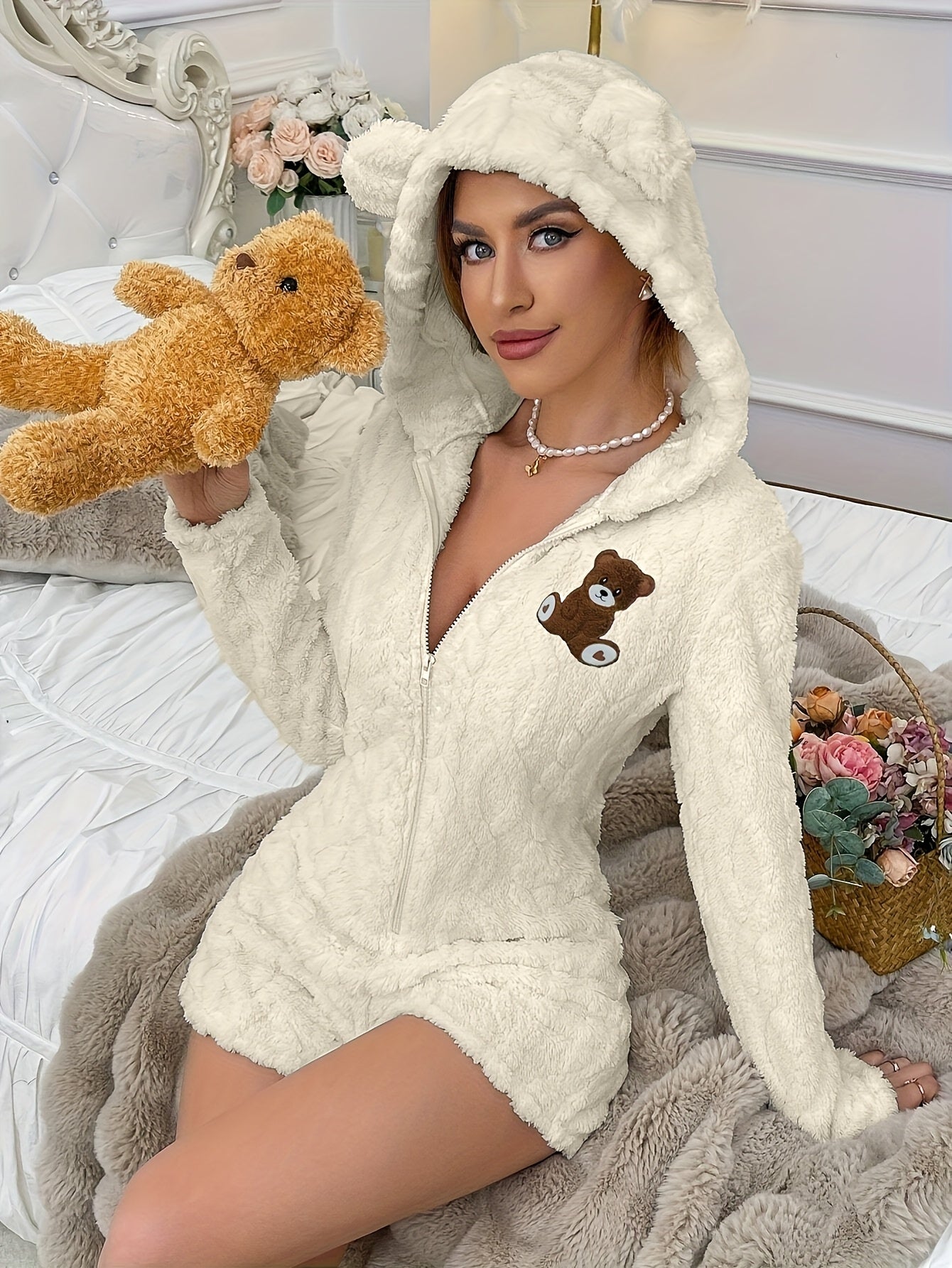 Fleece Hooded Onesie with Bear Print & Zipper Closure