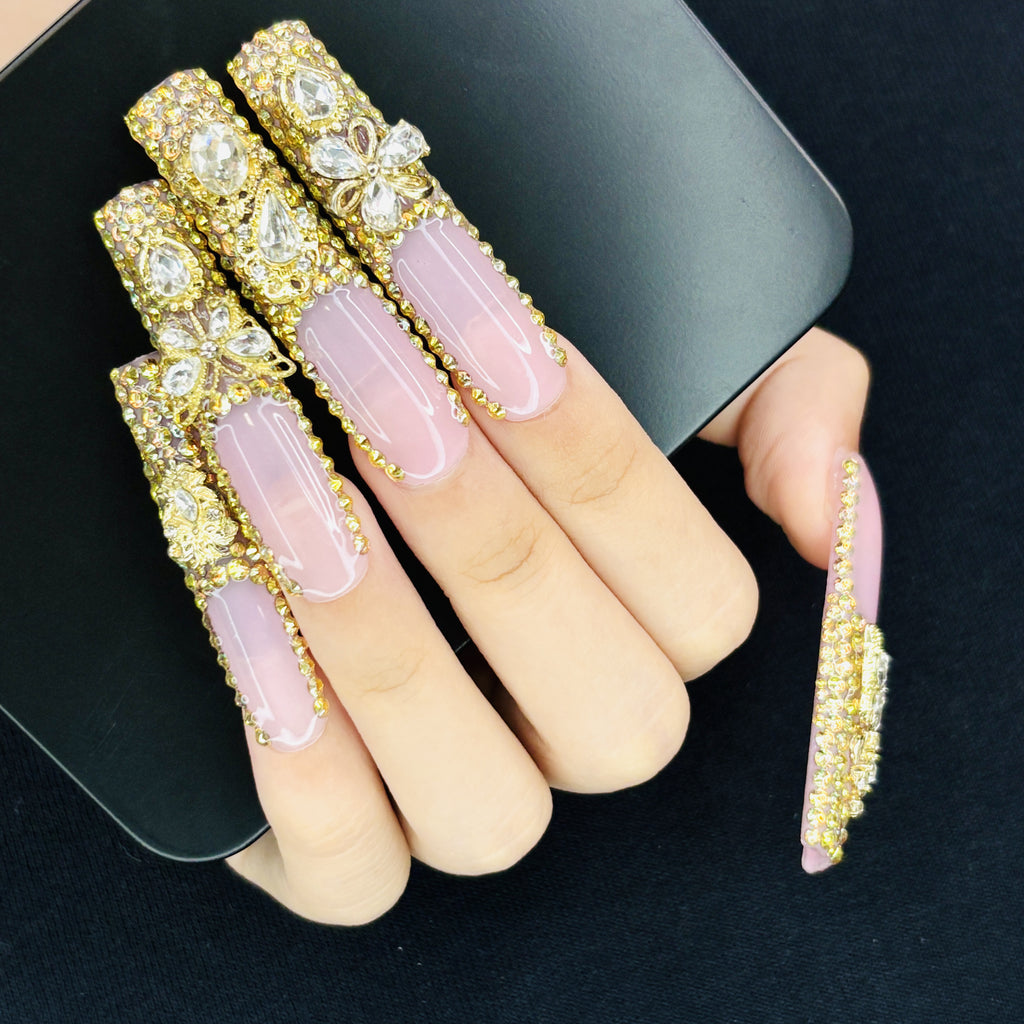 {10pcs} Gold Rhinestone Butterfly Press-On Nails