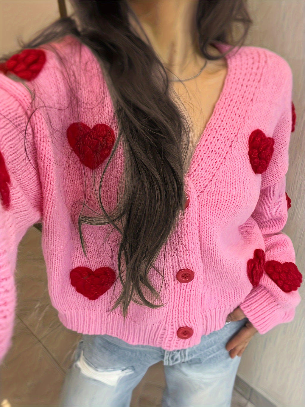 Chic Handmade Heart Pattern V-Neck Cardigan