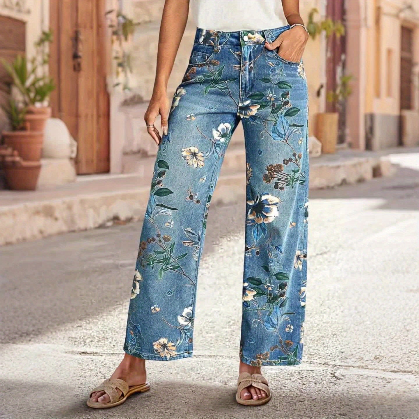 Women'S Large-sized Stretch Retro High-waisted Denim Pants With Bright Floral Print - Casual Retro Street Pants, Machine-washable Denim, Side Pockets