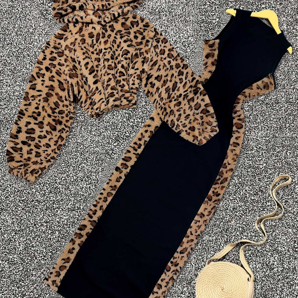 Women'S Y2K Style Dark Leopard Print Plush Hooded Long Sleeve Crop Top & Black Spliced Leopard Print Sleeveless Dress Set, 2pcs Outfit for Fall/Winter, Casual Attire|Y2K Fashion|Plush Material, Set For Woman, Dress For Woman,