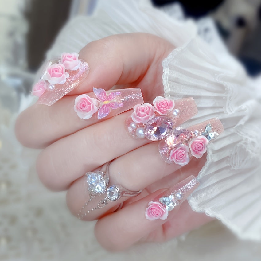 {24pcs} Spring 3D Pink Rose Fake Nails