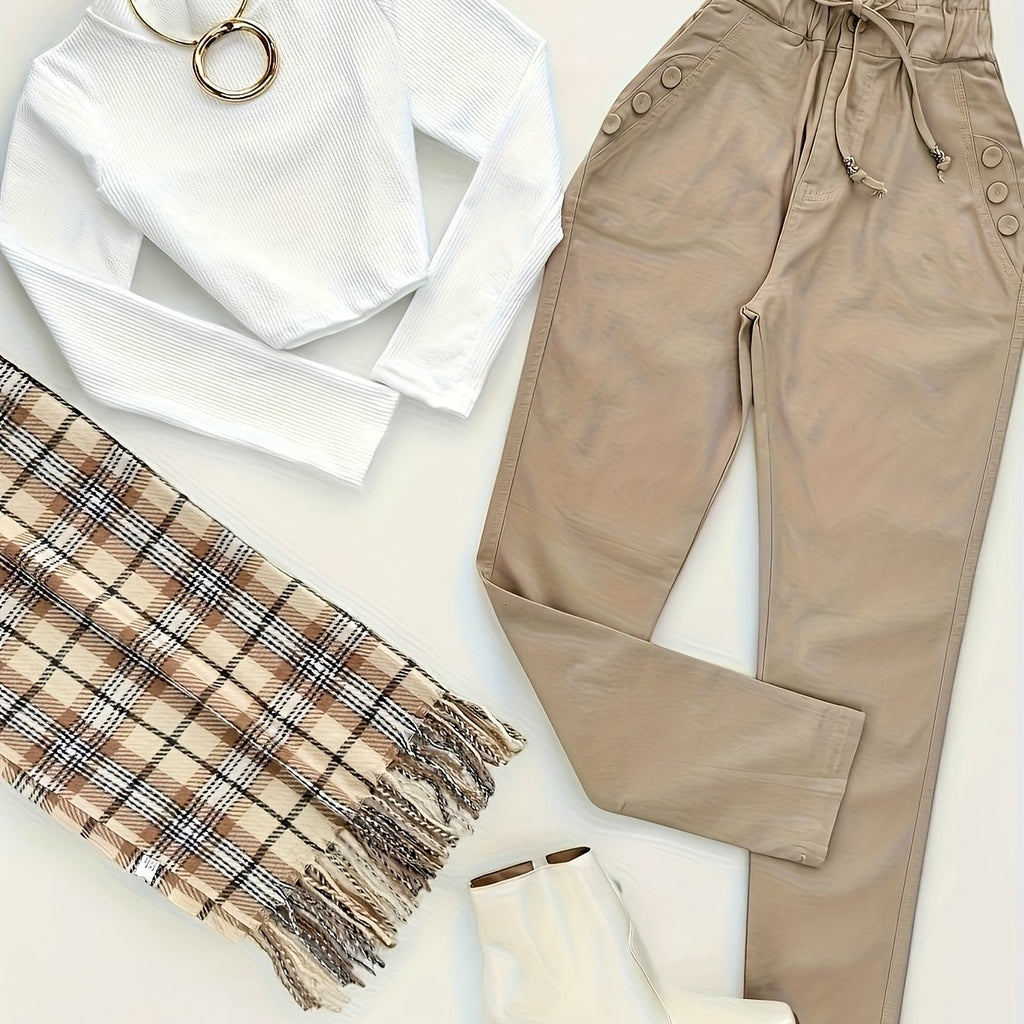 Color Block Women'S Two-Piece Set, Spring/Summer Crew Neck Top, Dark Pants