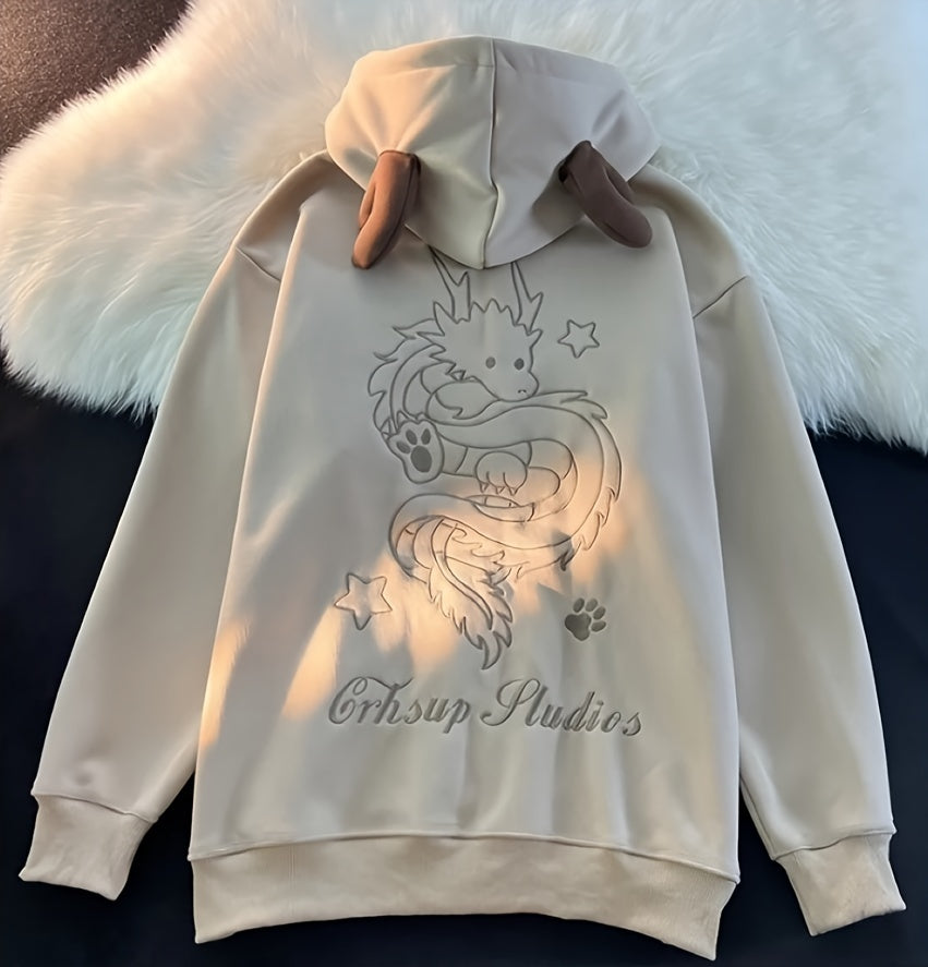 Women's Thick Fleece-Lined Hooded Sweatshirt with Intricate Dragon & Star Embroidery - Cozy Winter Pullover, Machine Washable Casual Outerwear, Cute Sweatshirts, Autumn Wardrobe, Trendy Hooded Top, Soft Fabric Construction