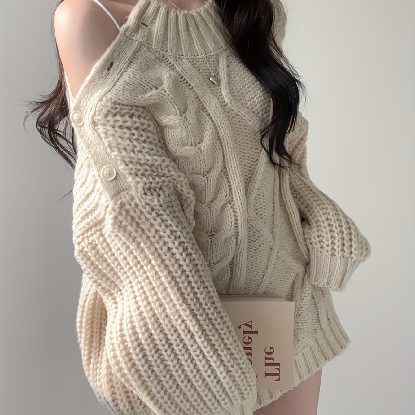 Women'S Elegant Sweater - Long Sleeve Button-Front Sweater with Twist Design, /Neutral Tones, Chic Office to Party Outfit for Fall/Winter, Everyday & Formal Events - Women'S Fashion Sweater, Sweater, Winter Clothing, Geometri