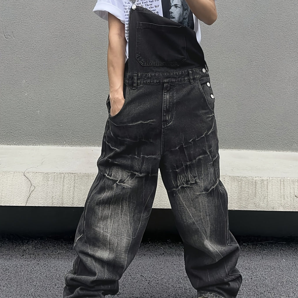 Heavy-Duty Distressed Denim Overalls Jumpsuit