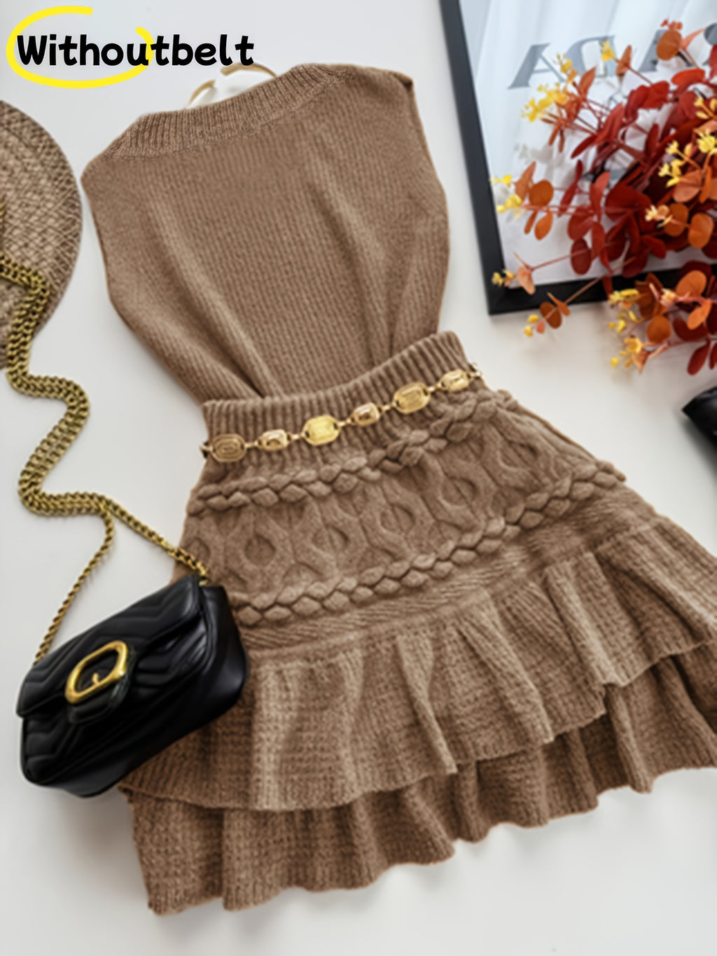 Women's Fashion Pleated Mini Skirt + Vest Sweater Set, Winter Skirts For Women, Skirts For Women