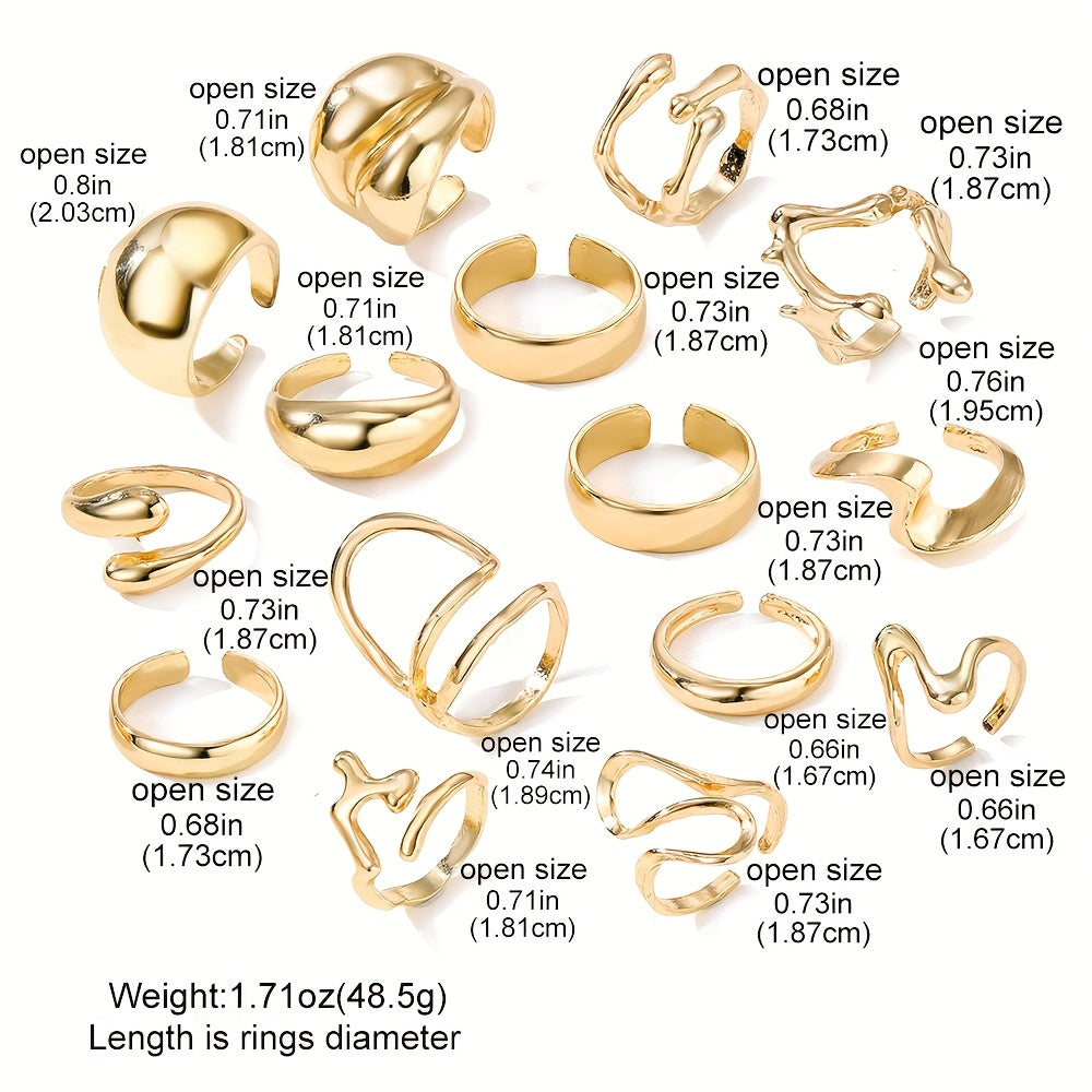 20pcs Set (5 Bracelets + 15 Rings) Jewelry Kit with Irregular Shaped Rings and Stylish Open-End Bracelets