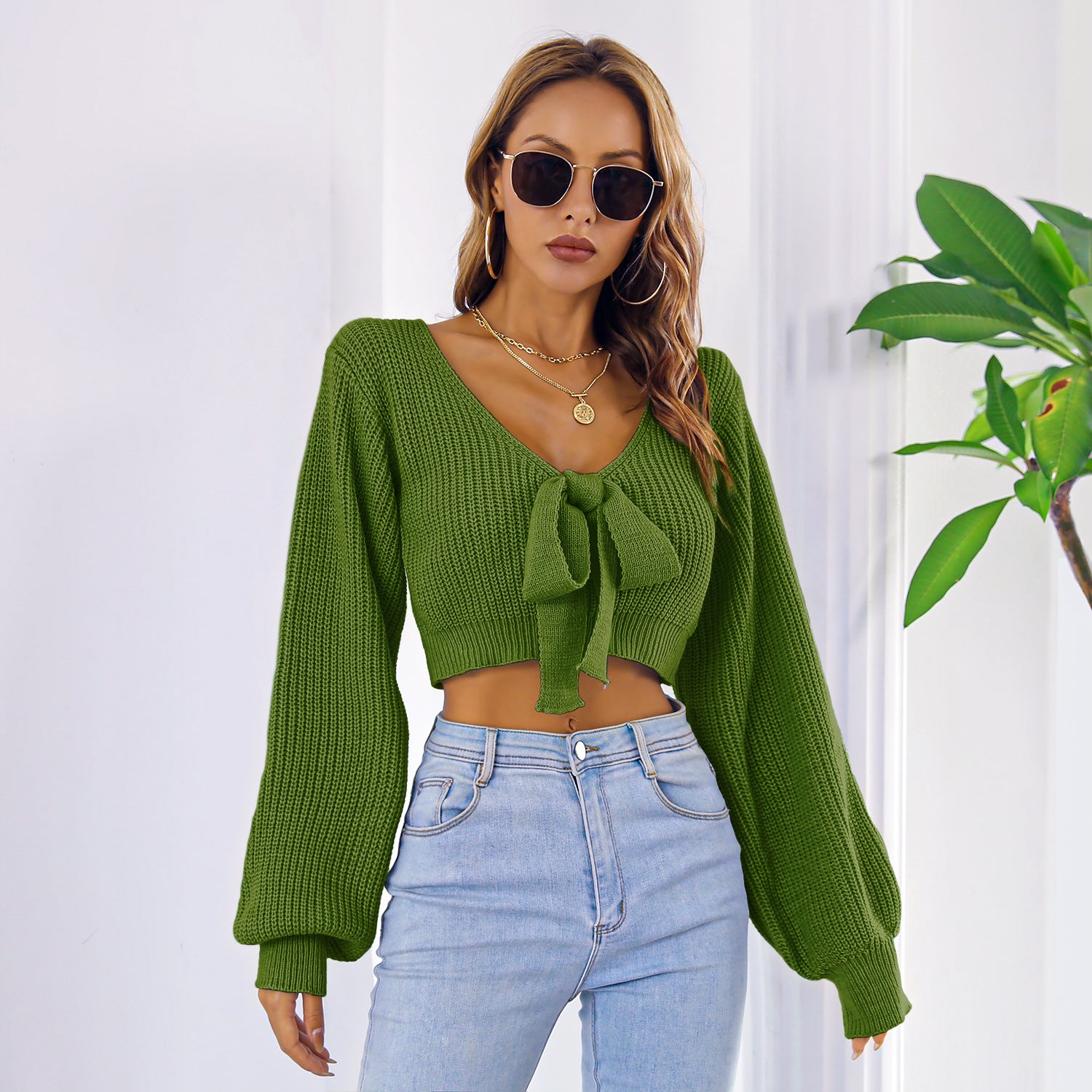 Bowknot V-Neck Crop Sweater