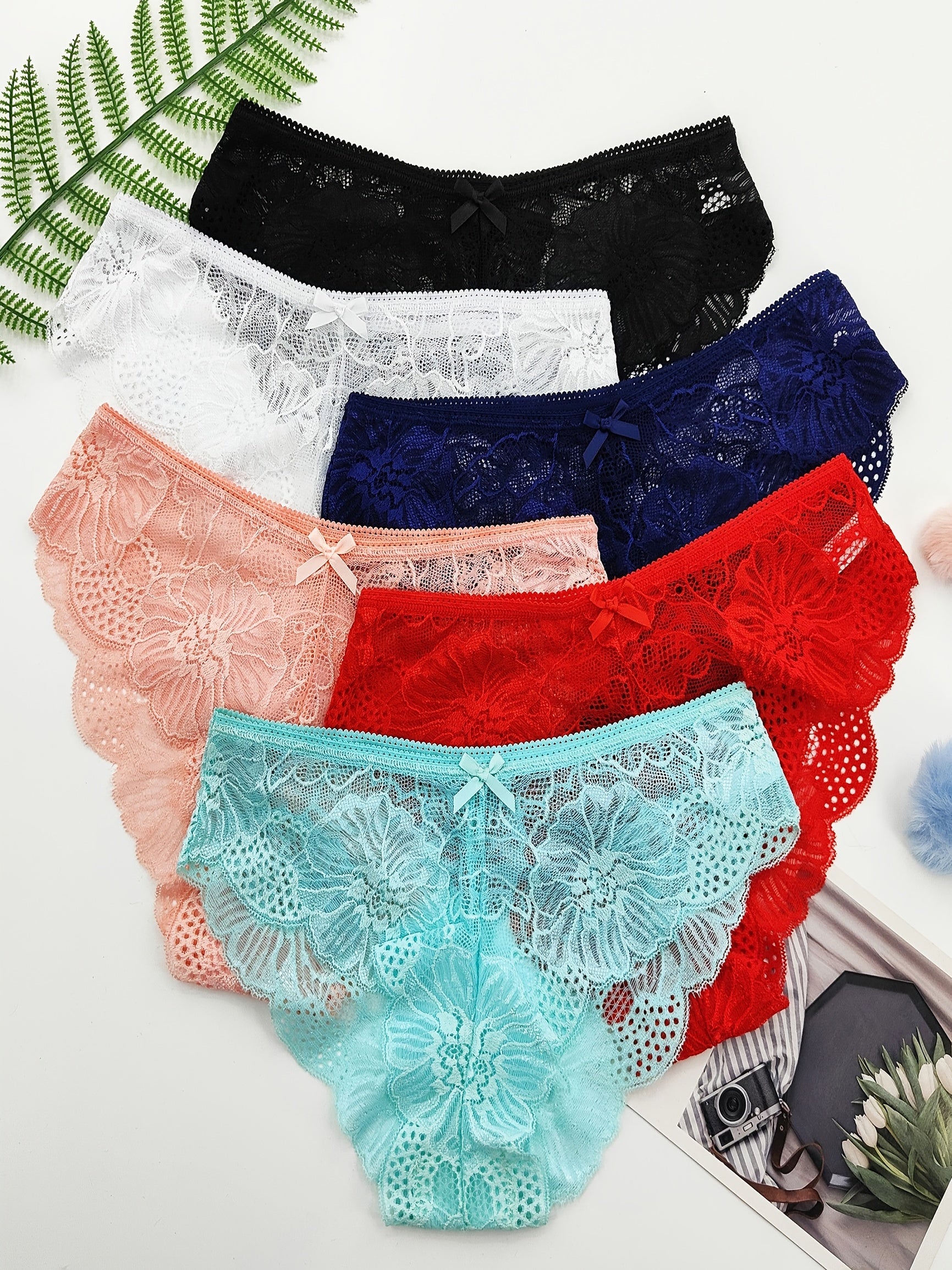 {6pcs} Jacquard Lace Bow Hipster Bikini Panties