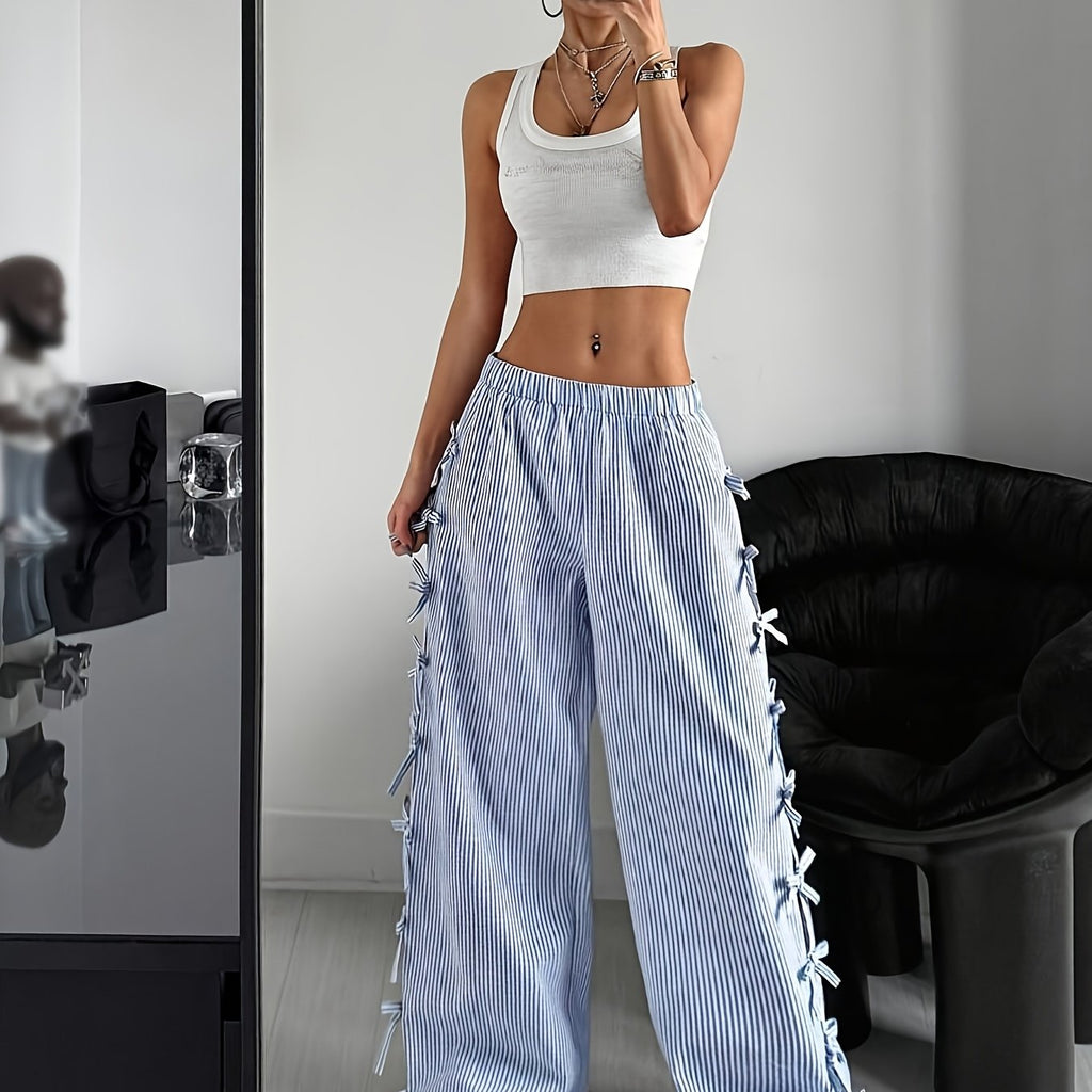 Pink & White Horizontal Striped Wide-Leg Bell-Bottom Pants with Ruffled Hem & Bow Tie Waist