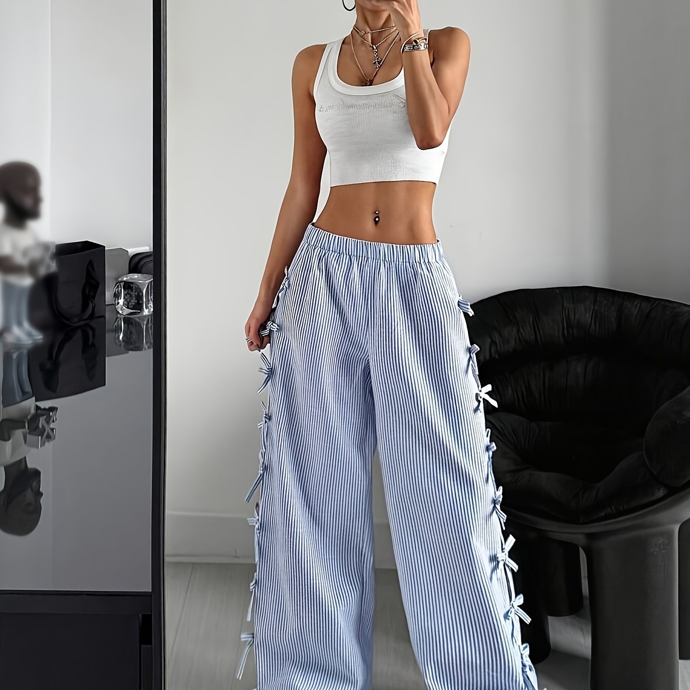 Pink & White Horizontal Striped Wide-Leg Bell-Bottom Pants with Ruffled Hem & Bow Tie Waist