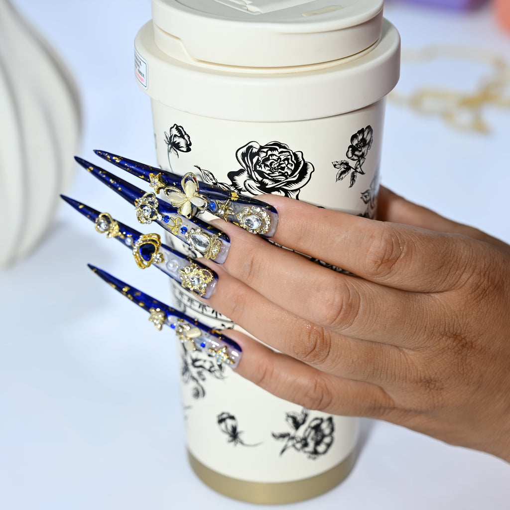 Handmade Luxury Limited XL Stiletto Press-On Nails - 3D Golden Crown & Butterfly Charms