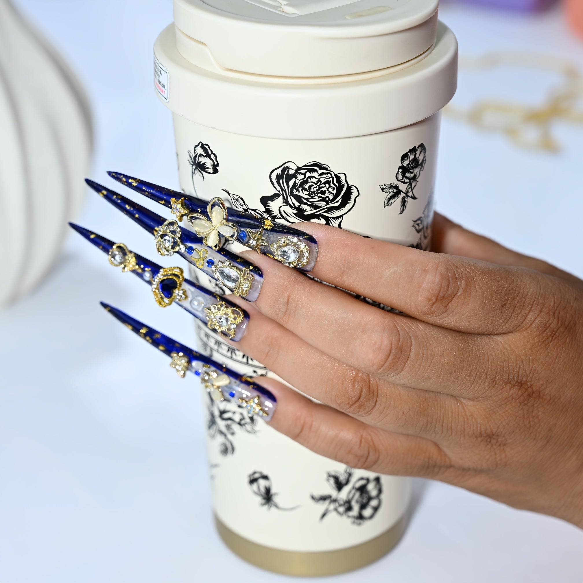 Handmade Luxury Limited XL Stiletto Press-On Nails - 3D Golden Crown & Butterfly Charms