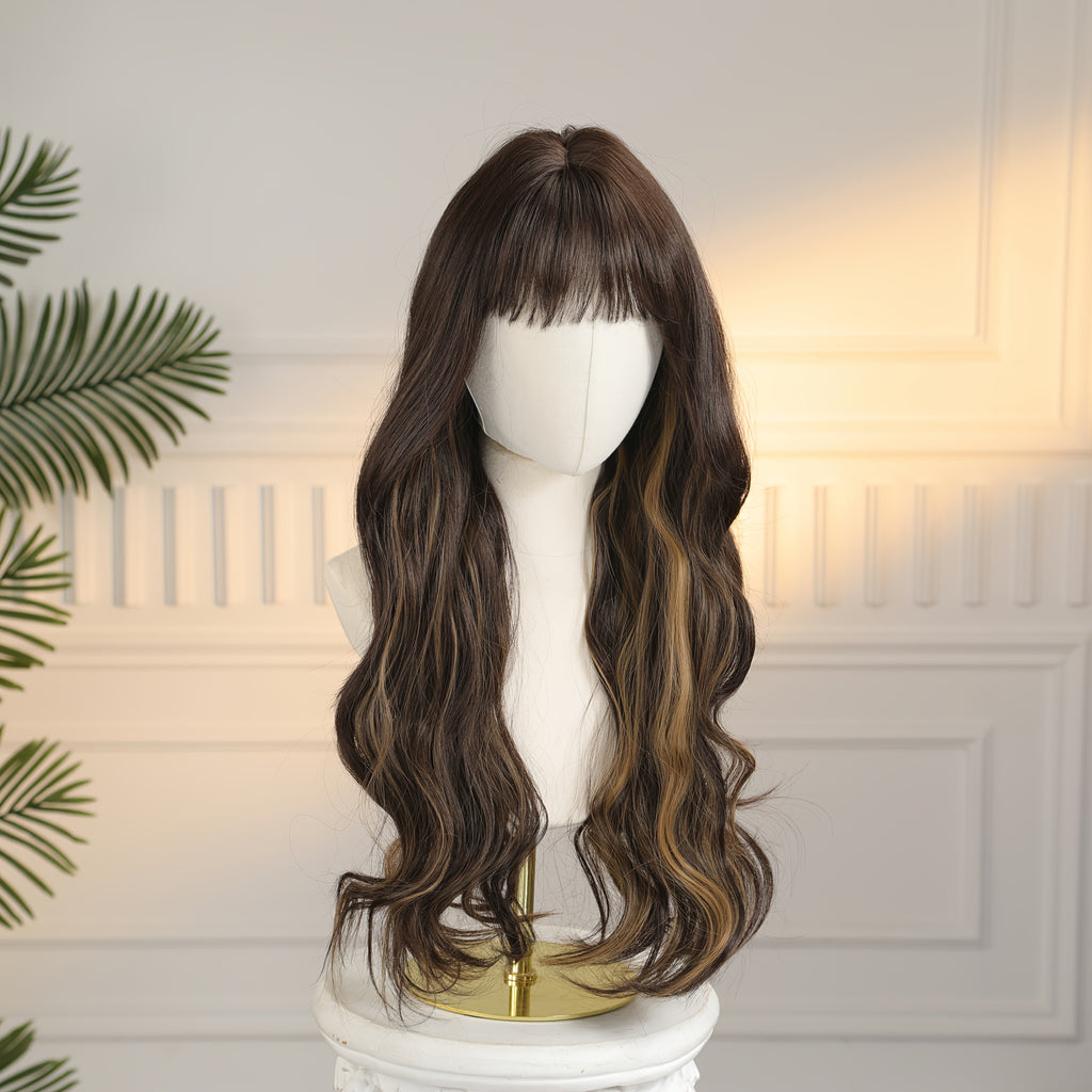 30 Inch Ladies Elegant Gradient Brown Long Curly Wig With Bangs