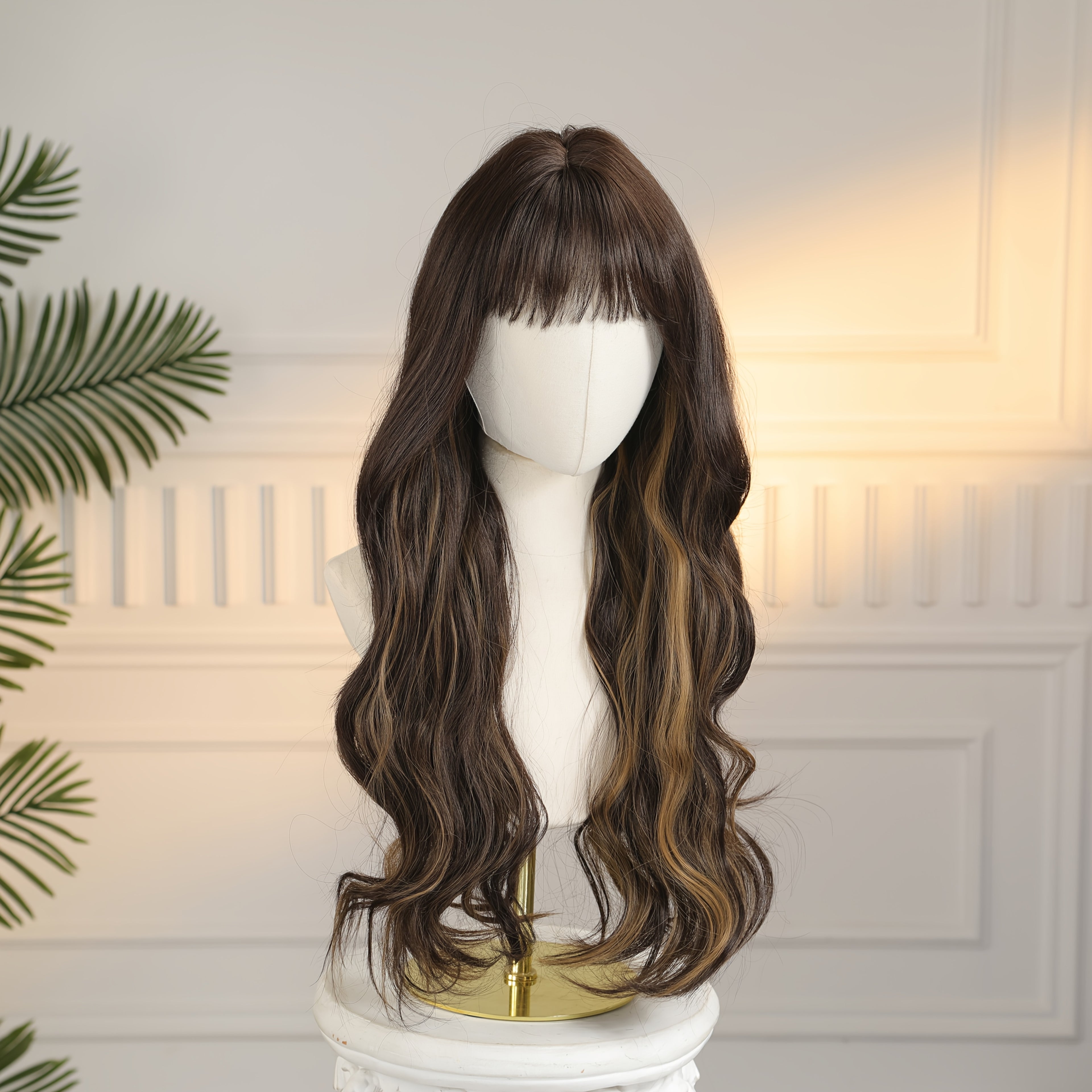 30 Inch Ladies Elegant Gradient Brown Long Curly Wig With Bangs