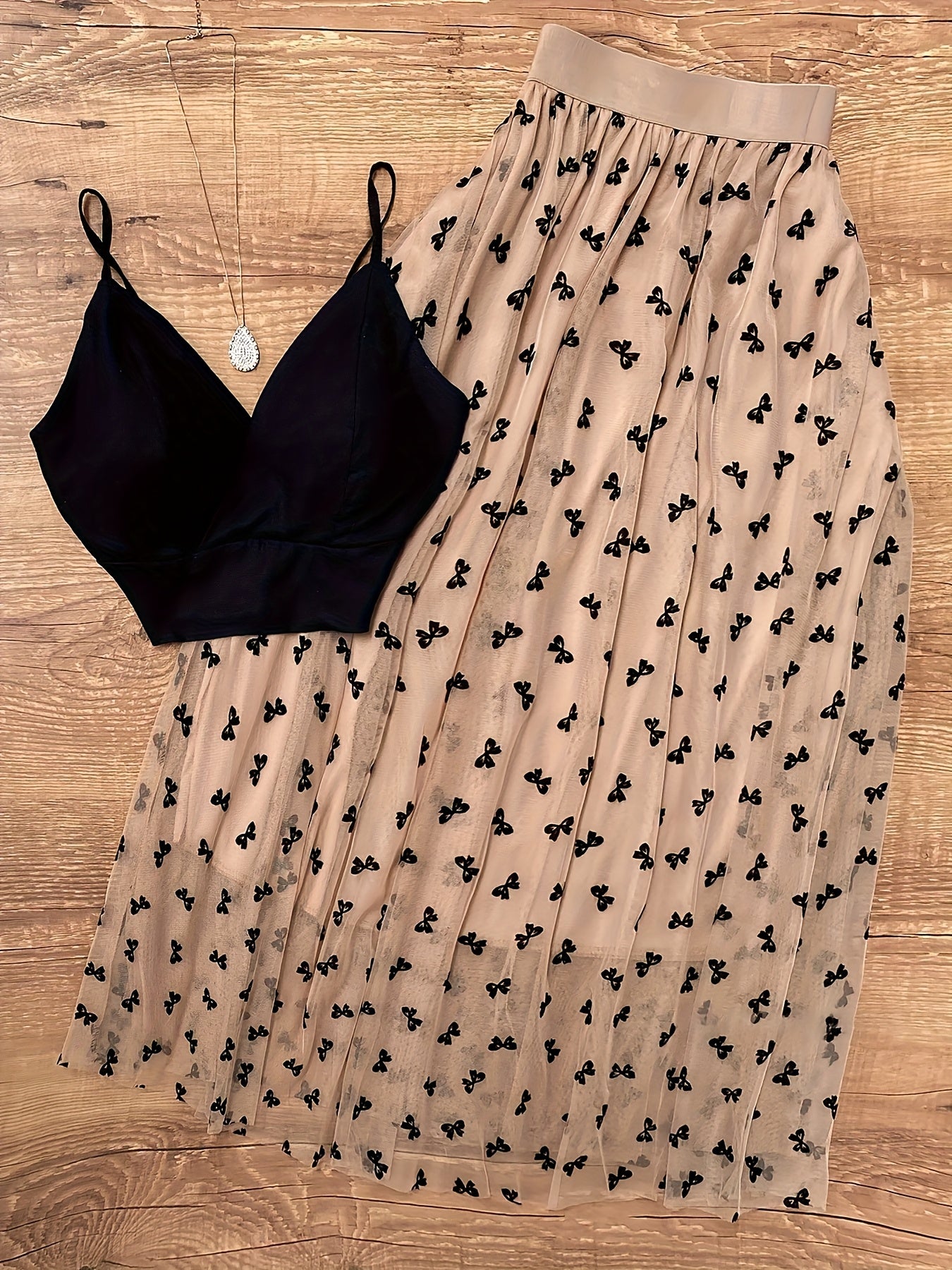 Elegant Off-Shoulder Black Spaghetti Strap Khaki Bow Skirt Set