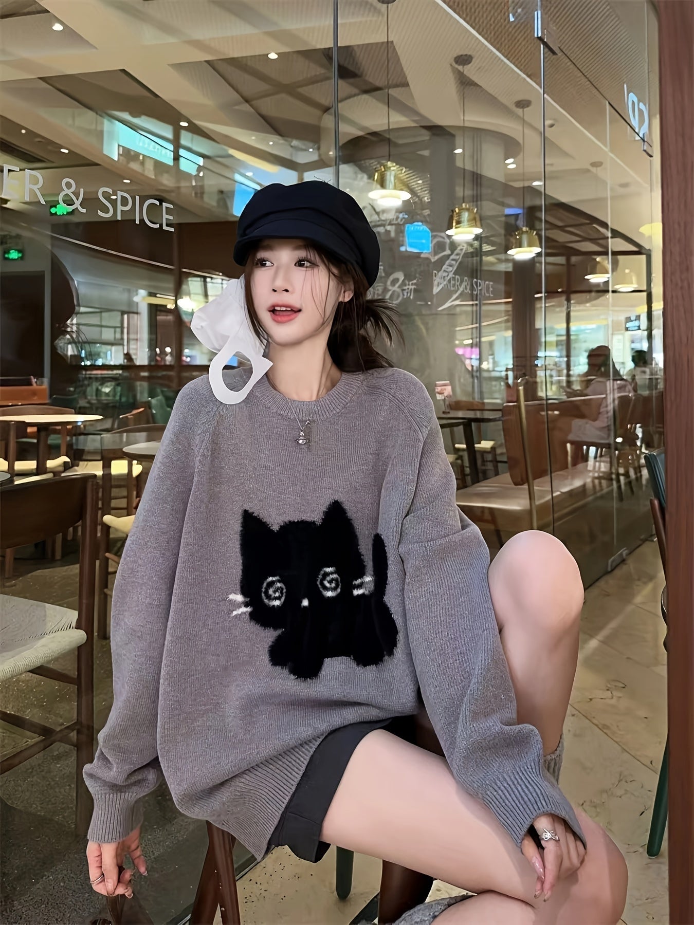 Cute Cat & Color Block Sweater