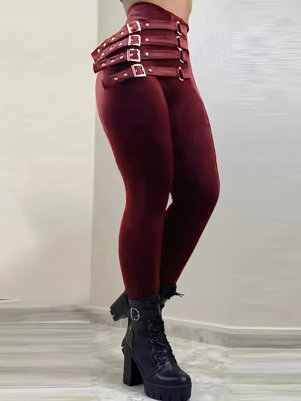 1pc Women'S Sexy Polyester Leggings with Fashion Belt, Solid Color Stretchy Knit Pants for All Seasons, Adult Fit