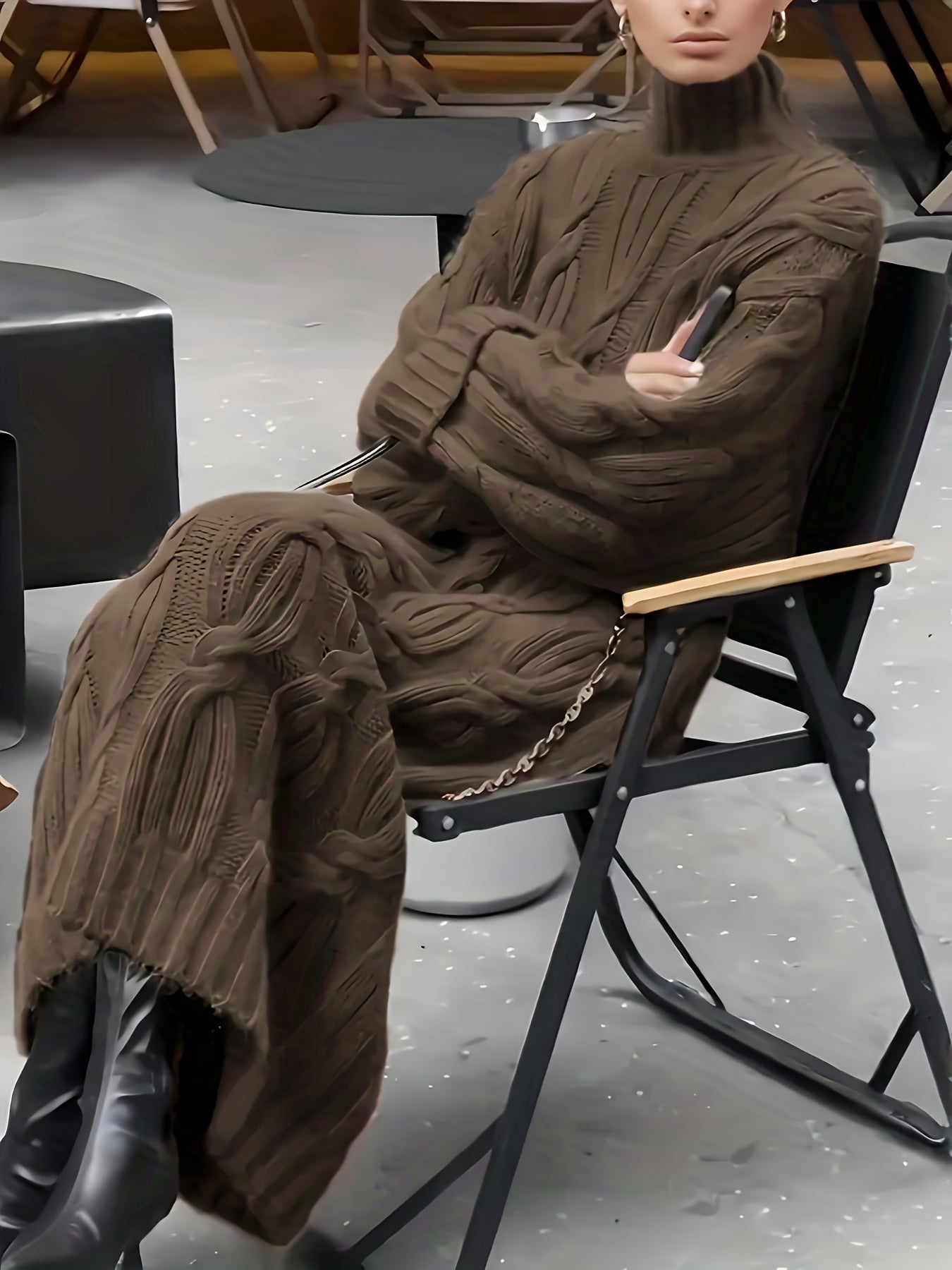 Vintage Drawstring High Neck Long Sleeve Fabric Dress