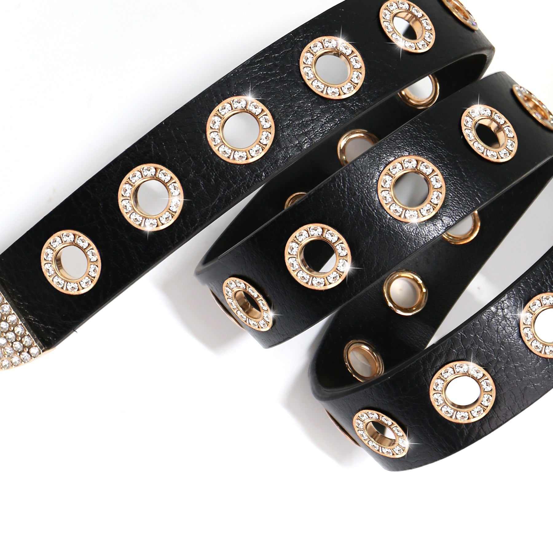 Faux Leather Belt with Studded Rhinestone Grommets