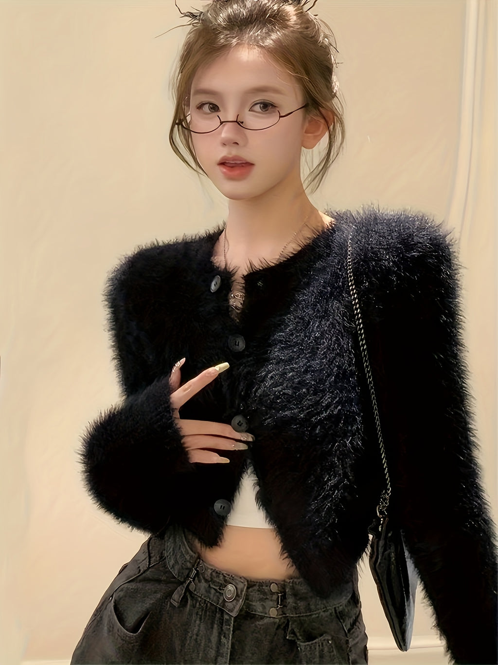 Women's Sexy Plush Cardigan - Black Faux Fur Trim Cropped Button-Front Sweater, Soft Warm Open Front Design for Spring/Autumn, Versatile Chic Layering Piece for Casual to Formal Outfits, Cardigan Sweater, Autumn Wardrobe, Tre