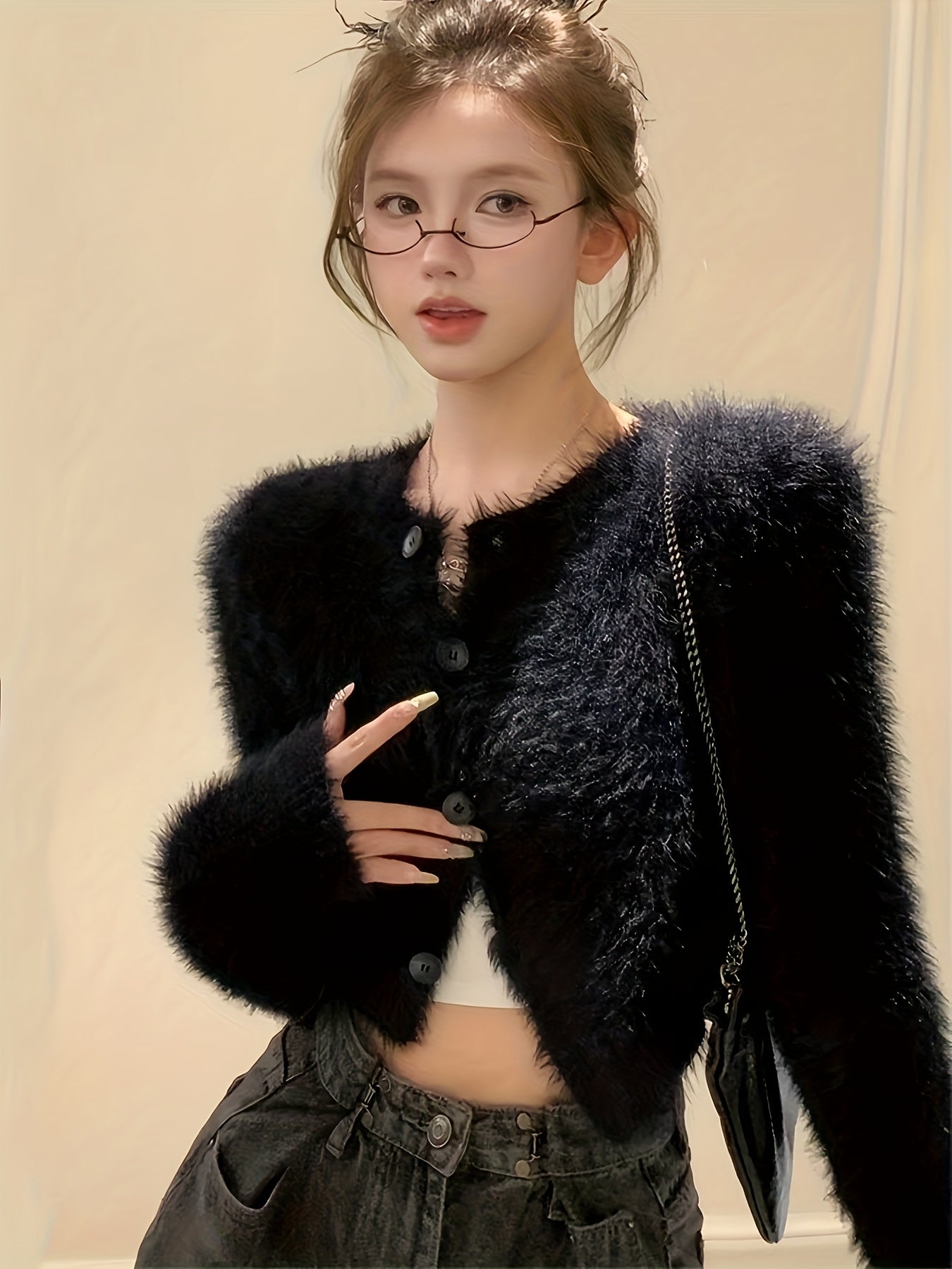 Women's Sexy Plush Cardigan - Black Faux Fur Trim Cropped Button-Front Sweater, Soft Warm Open Front Design for Spring/Autumn, Versatile Chic Layering Piece for Casual to Formal Outfits, Cardigan Sweater, Autumn Wardrobe, Tre