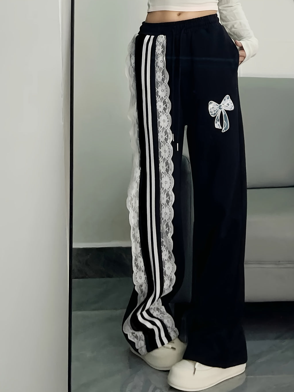 Wide-Leg Pants with Contrast Lace Trim & Pockets