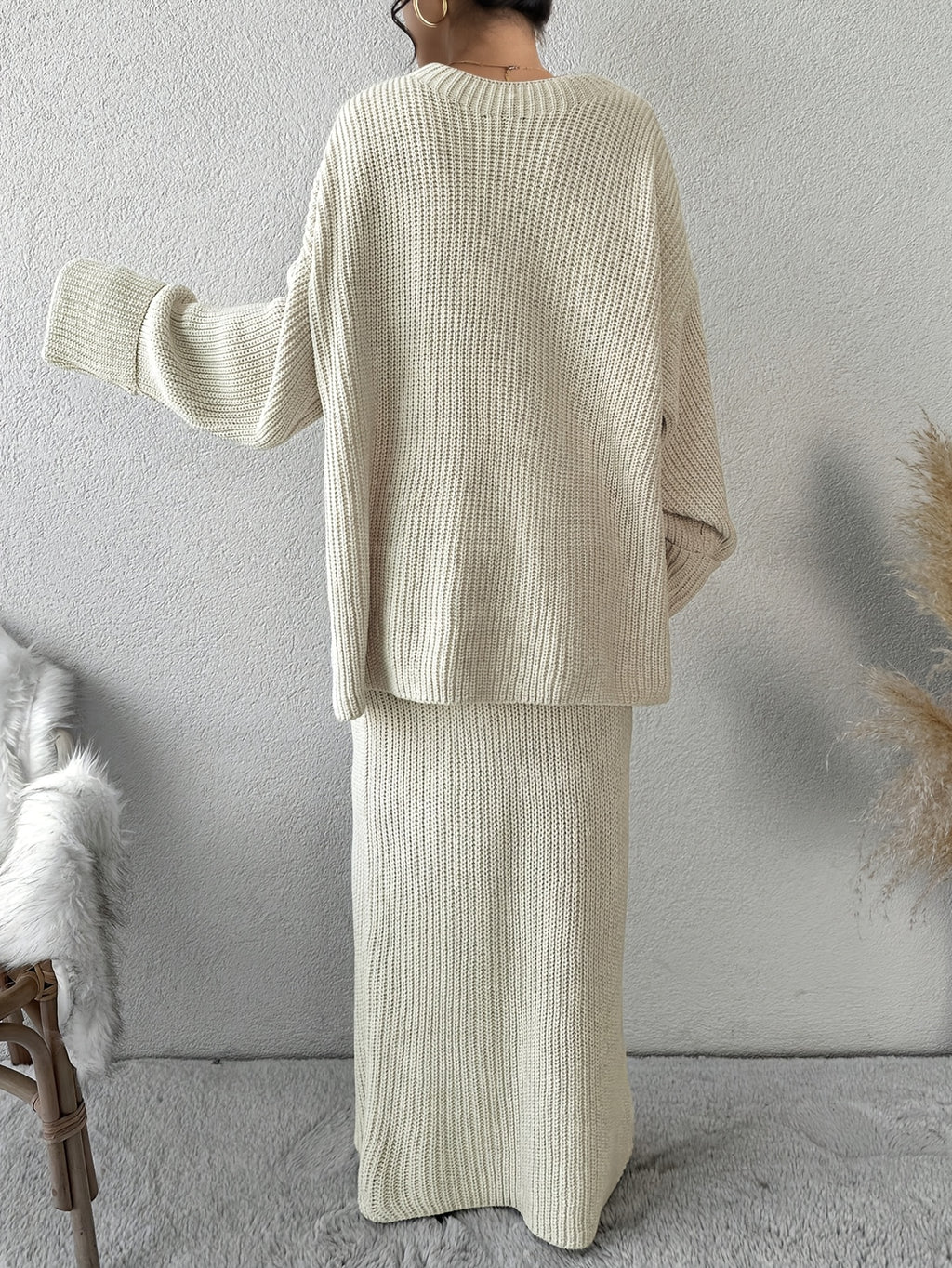 Drop Shoulder Ribbed Crew Neck Sweater Set and Maxi Dress