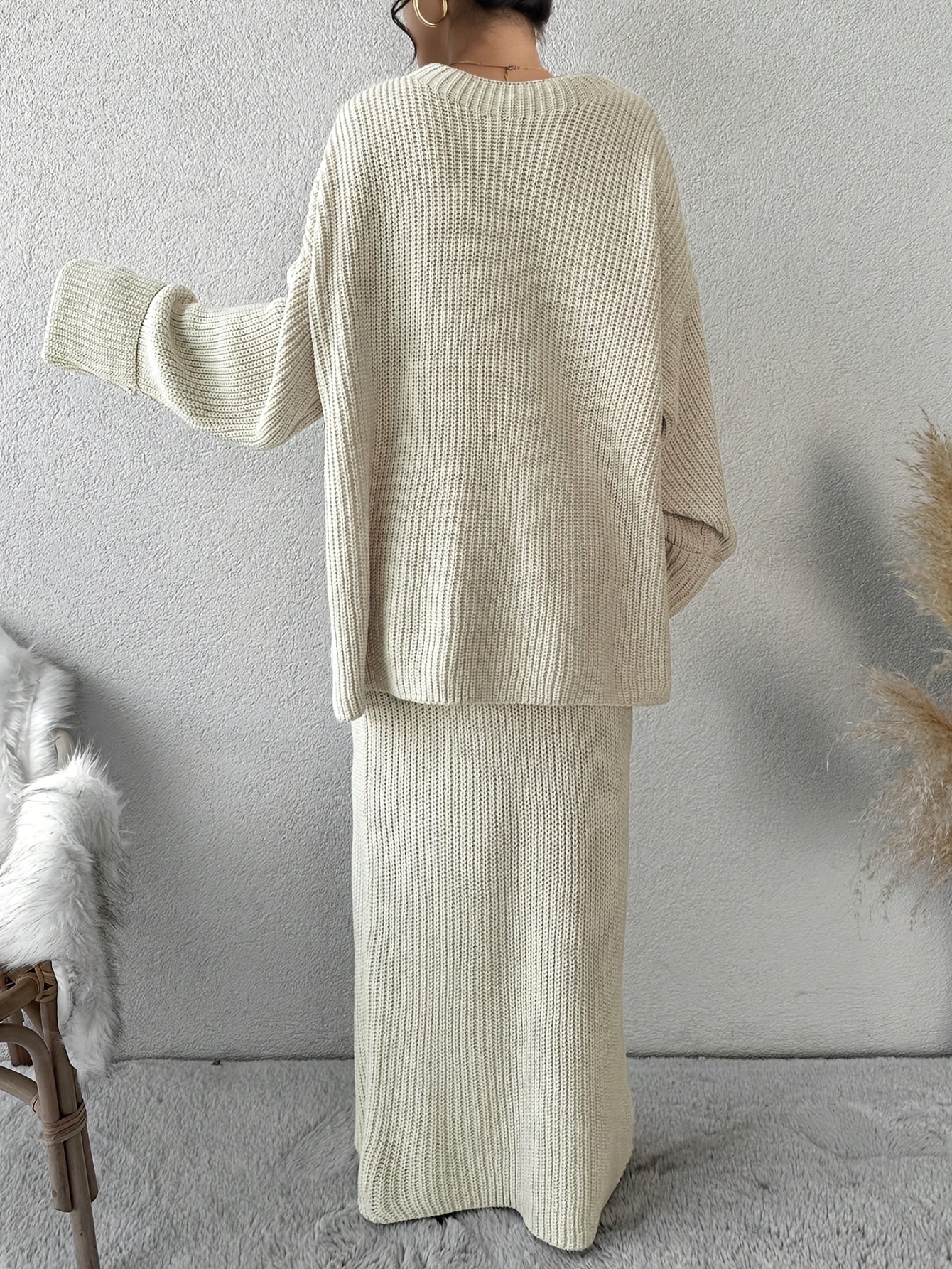 Drop Shoulder Ribbed Crew Neck Sweater Set and Maxi Dress