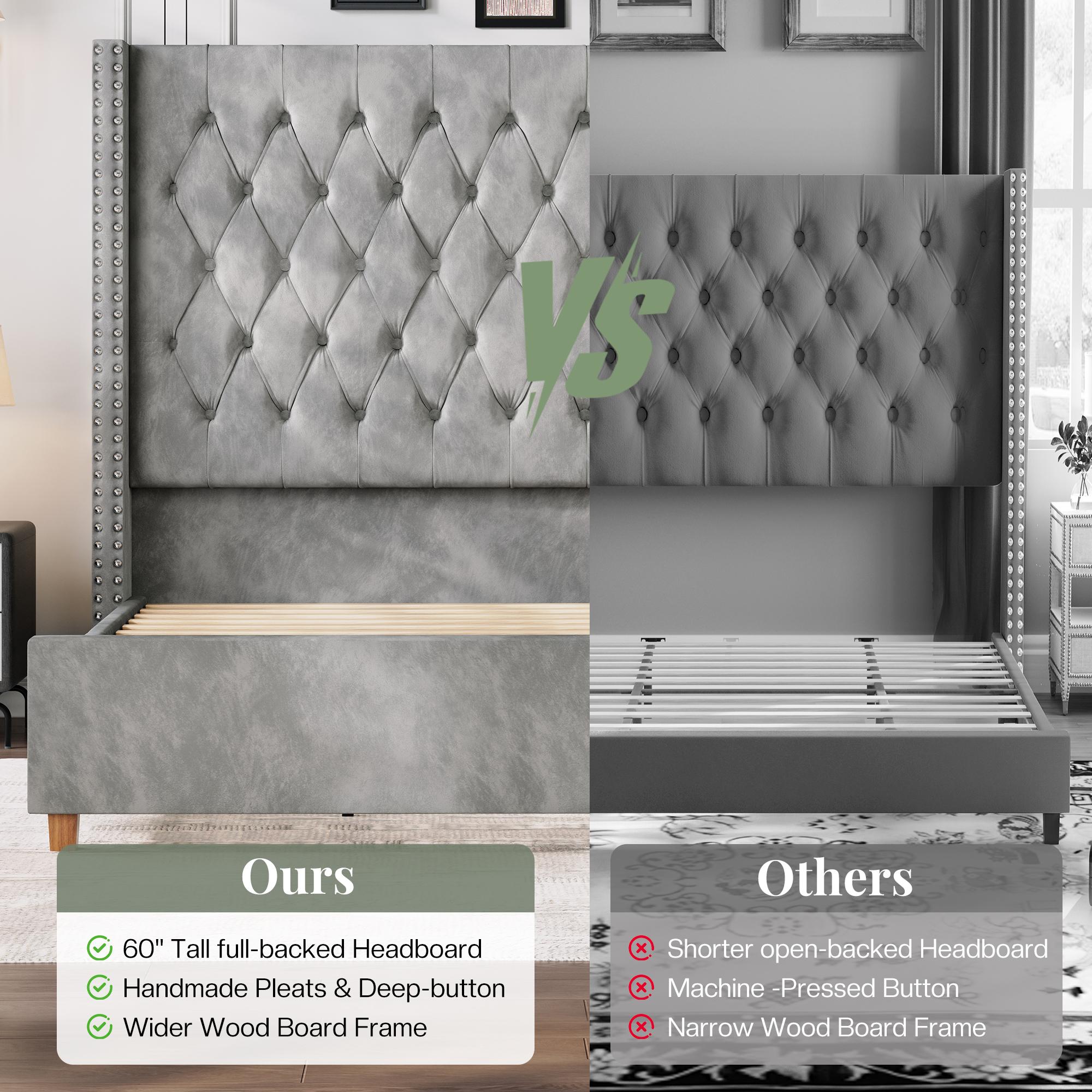 61.4" Tall Luxury Bed Frame with Tufted Wingback Headboard