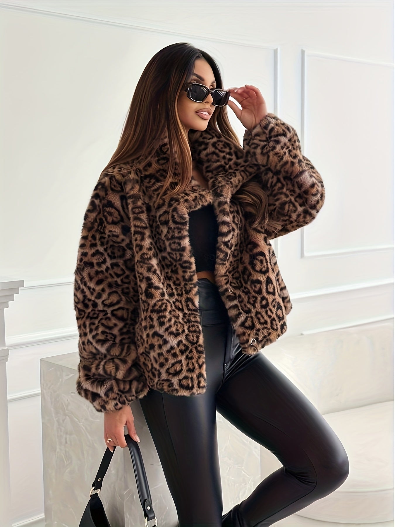 Leopard-print Lapel Stylish And Elegant Plush Coat