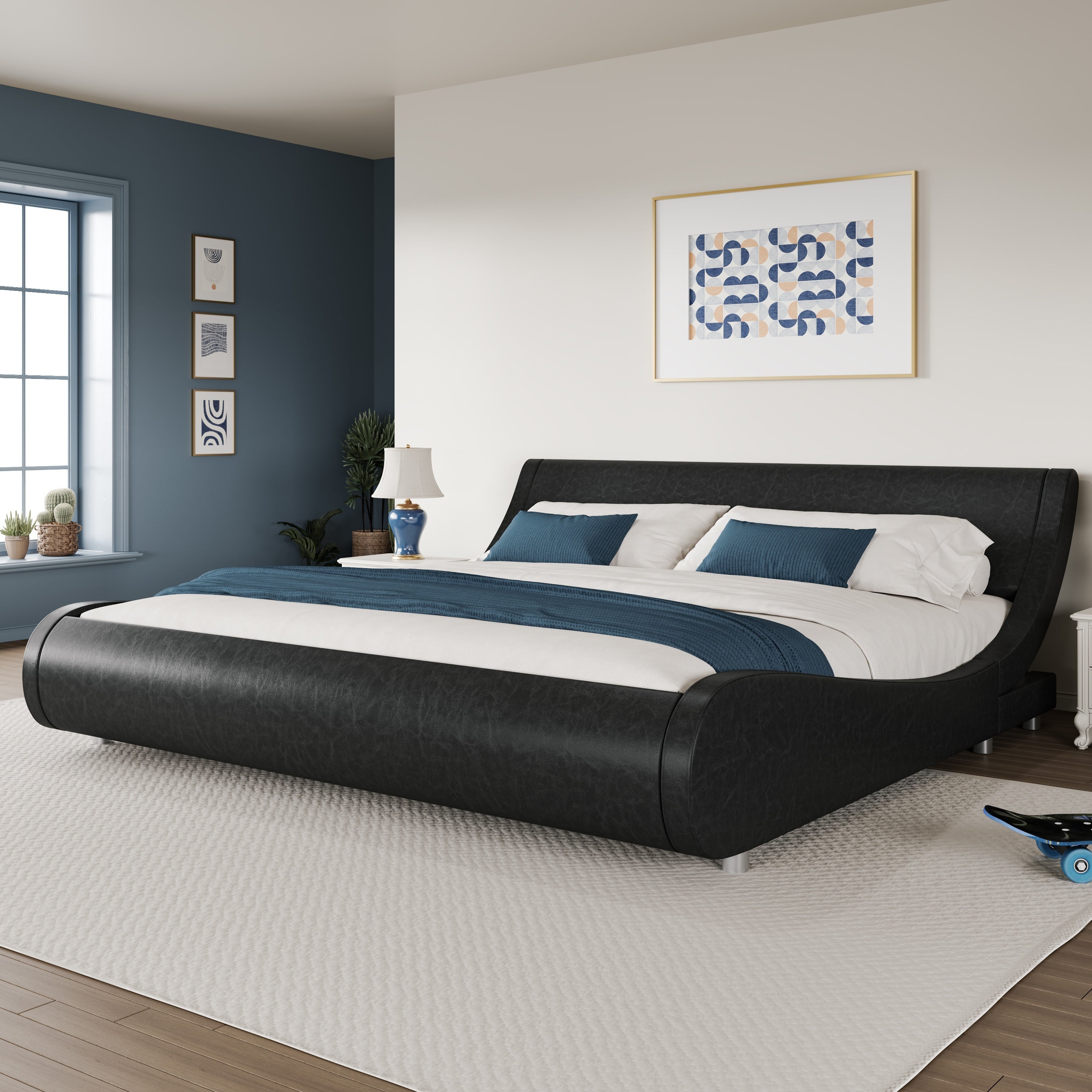 WEEWAY Modern Upholstered Platform Bed Frame, Faux Leather Sleigh Bed With Adjustable Headboard, Strong Wood Slats Support, No Box Spring Needed