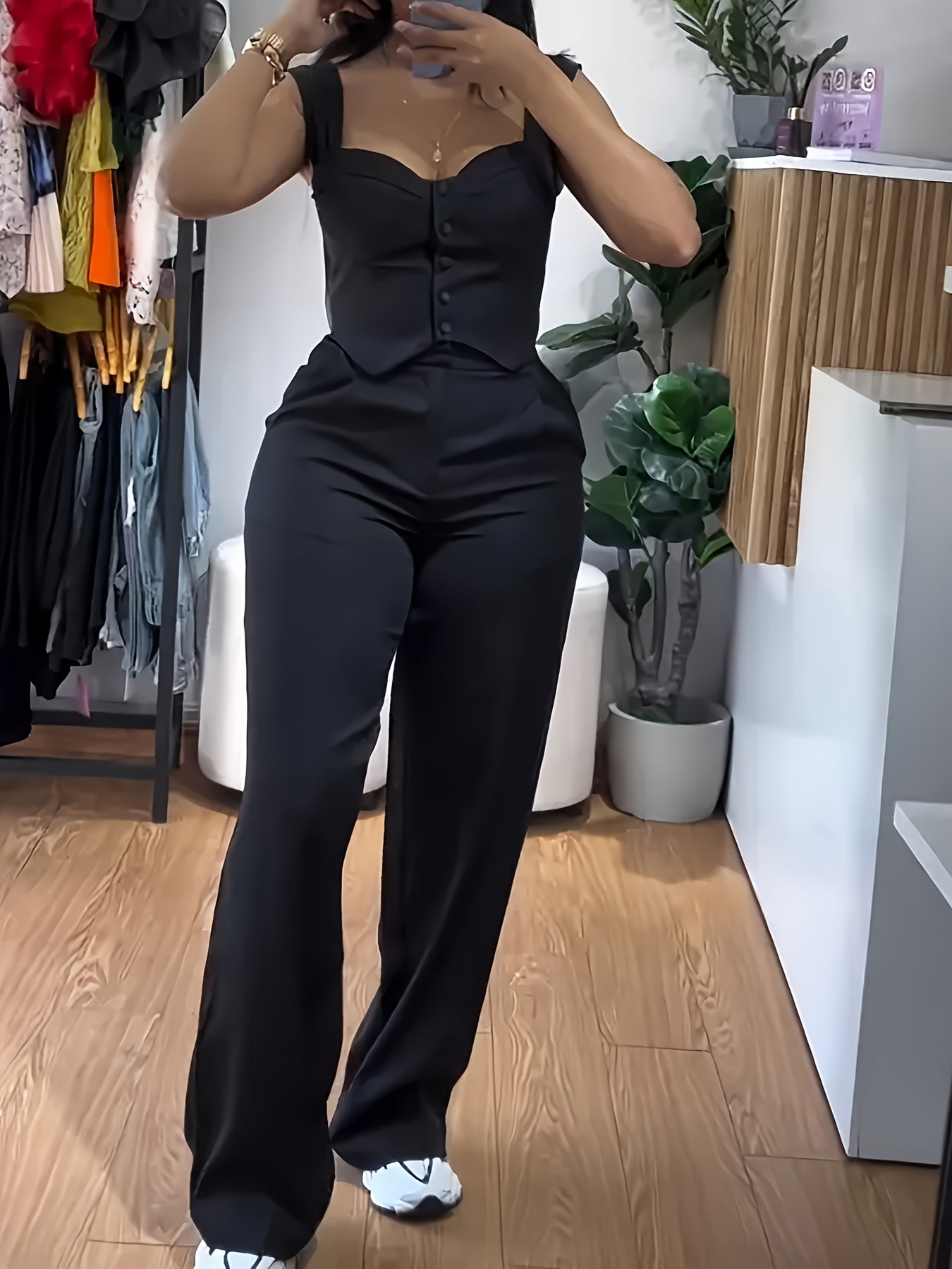 Women'S Yellow Sleeveless Corset Top & Wide-Leg Pants Set - Casual V-Neck with Button Detail, High-Waisted Flared Pants, White Sneakers, and Accessories for a Stylish Outfit, Allseason Attire | Vneck Top | Button Detail Top