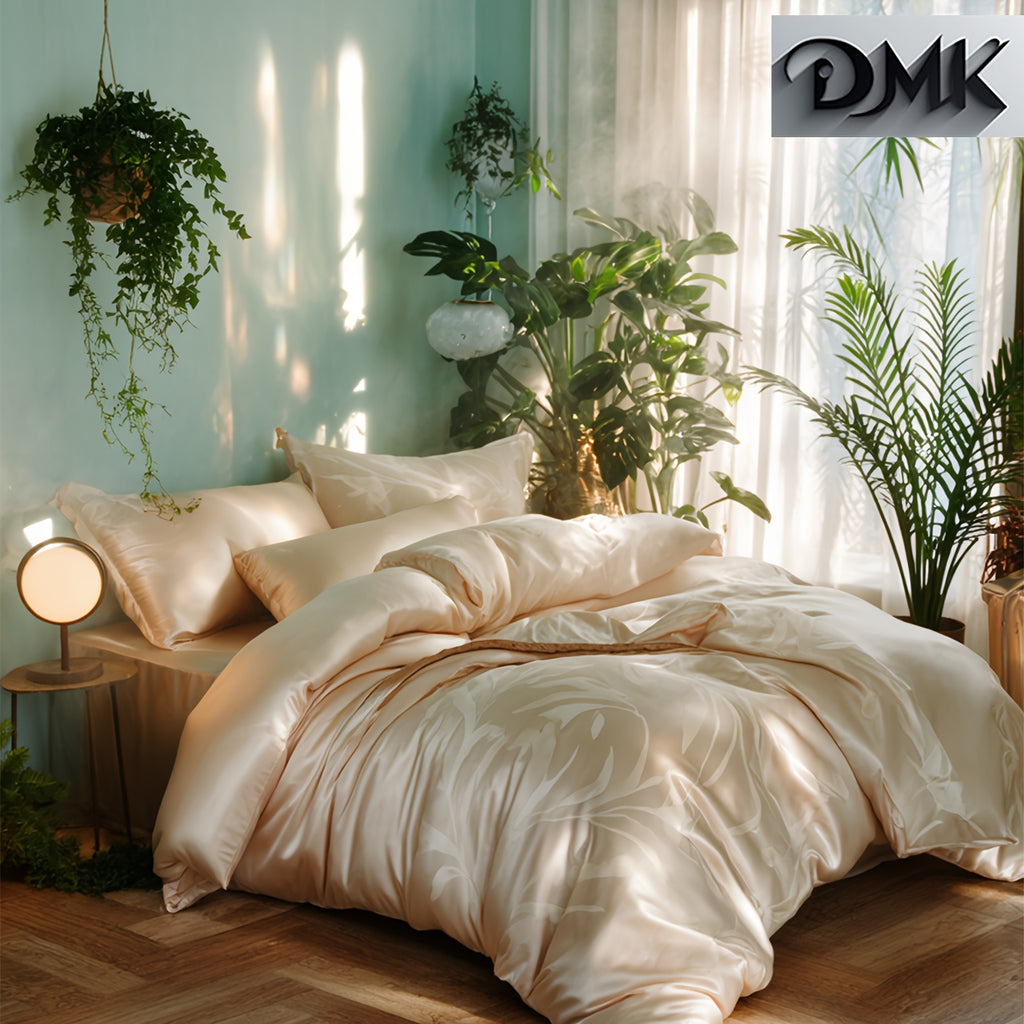 {3pcs} Golden/white Luxury Satin Jacquard Comforter Set