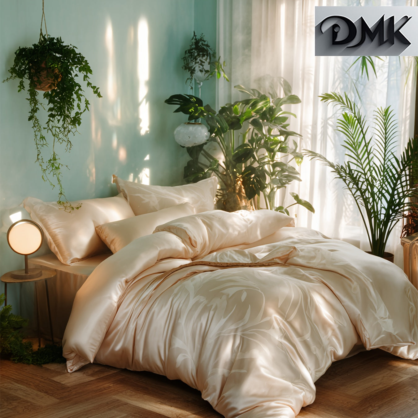 {3pcs} Golden/white Luxury Satin Jacquard Comforter Set