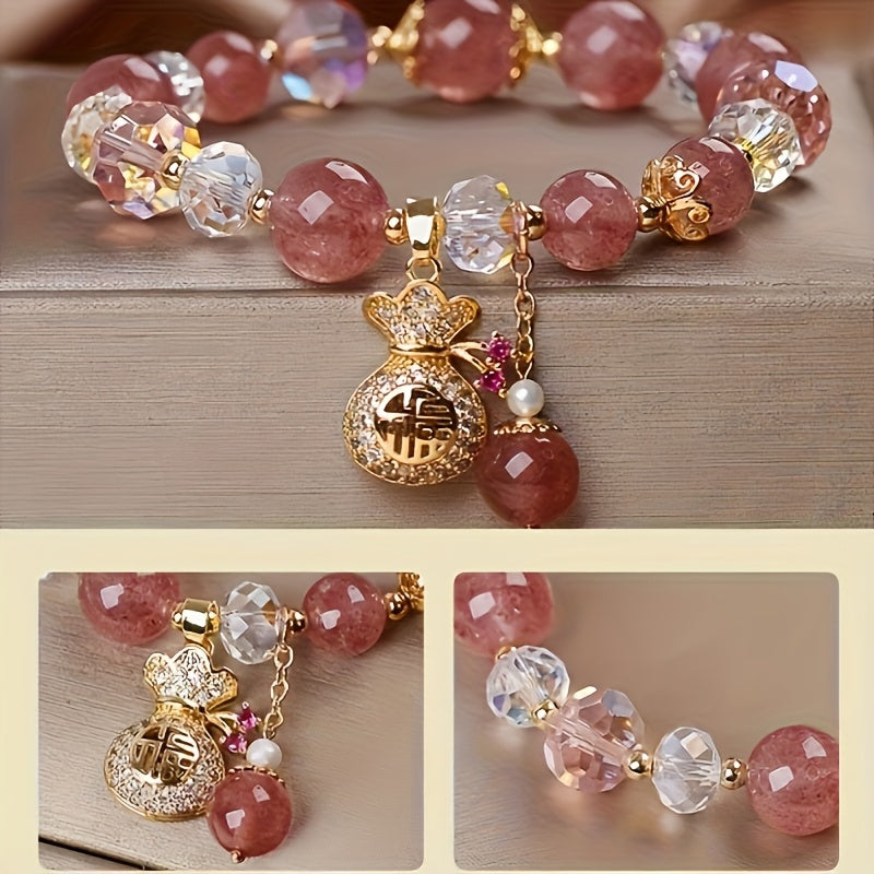 Pink Beaded Bracelet with Cute Golden Beads