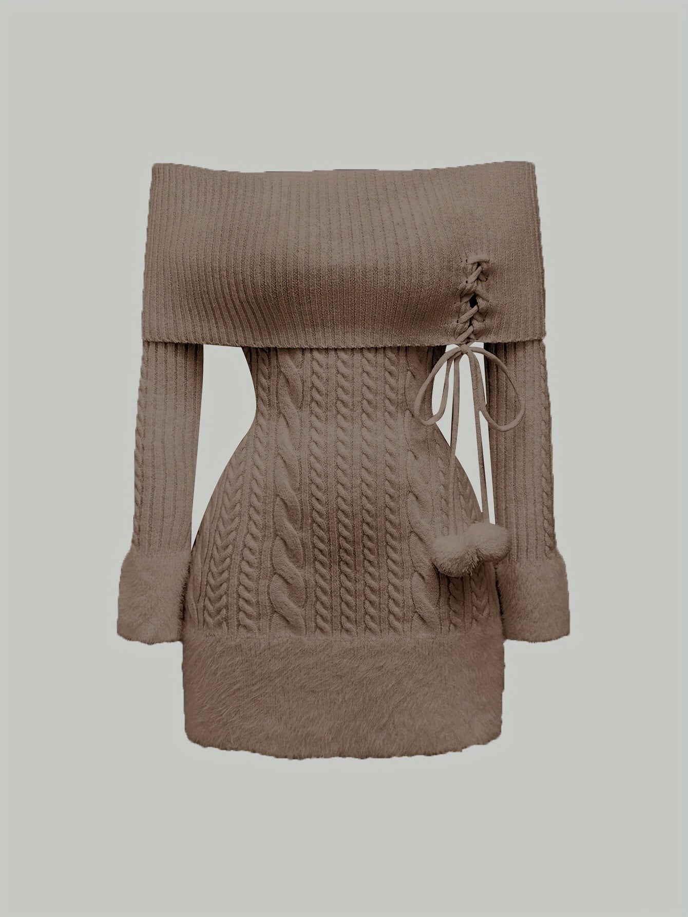 Women's Elegant Off-Shoulder Plush Ball Pendant Sweater Dress - Mid-Length Ribbed Party Dress with Adjustable Lace-Up Back, Fluffy Cuffs & Pompom Details for New Year, Valentine's Day, Special Occasions (Machine Washable), Dr