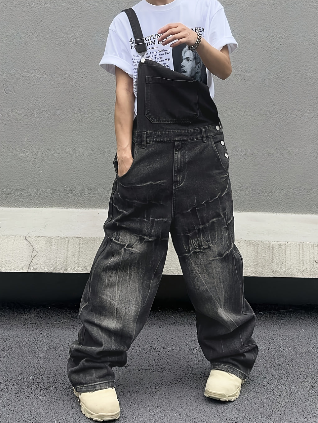 Heavy-Duty Distressed Denim Overalls Jumpsuit