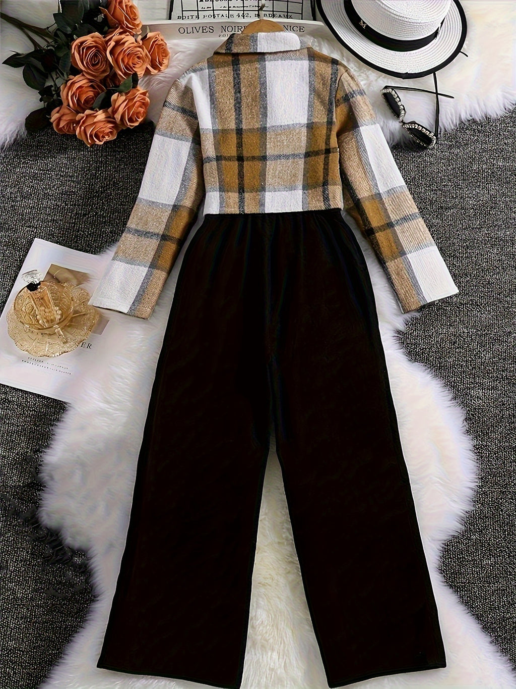 2025 New Elegant Vacation Style: Plaid Printed Button Top with Solid Color Ribbed Camisole Jumpsuit Set