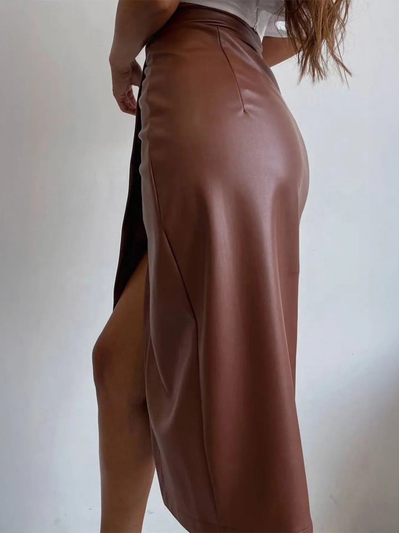 Slit Leather Midi Skirt