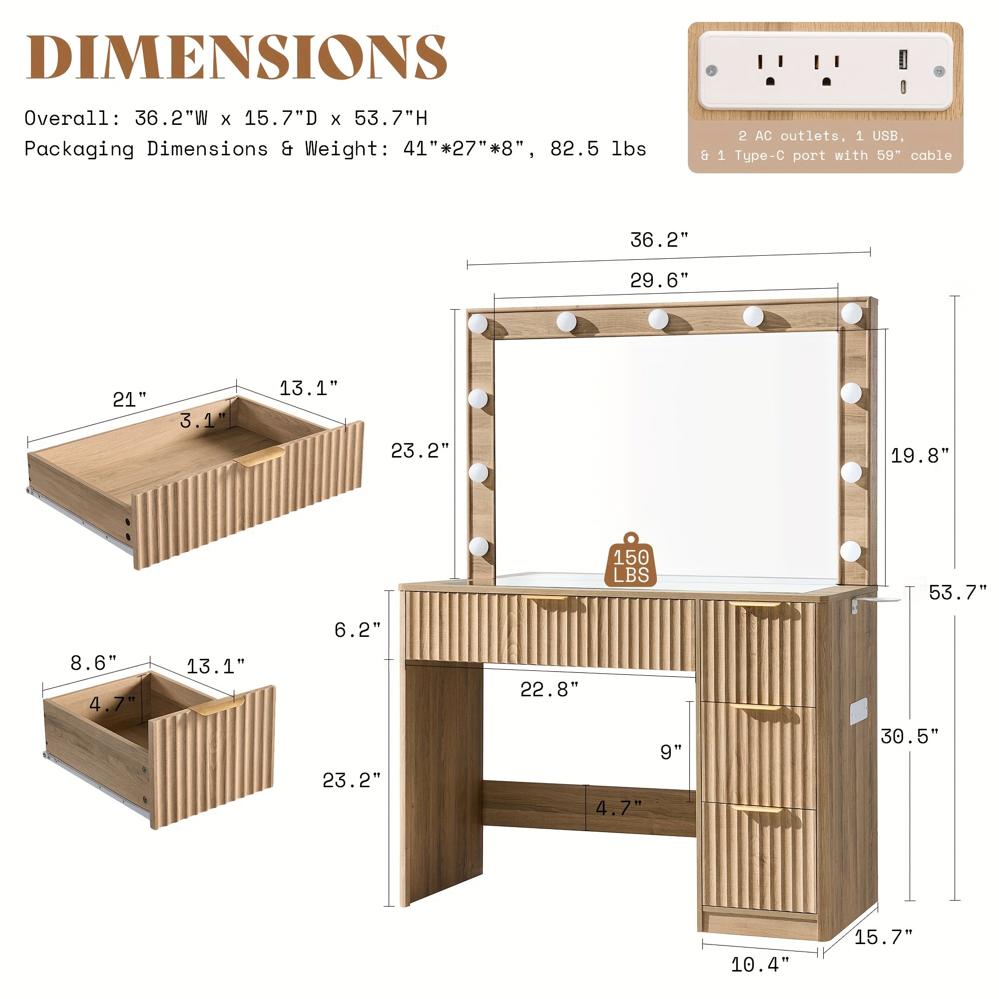 Fluted Vanity Desk With Large Mirror