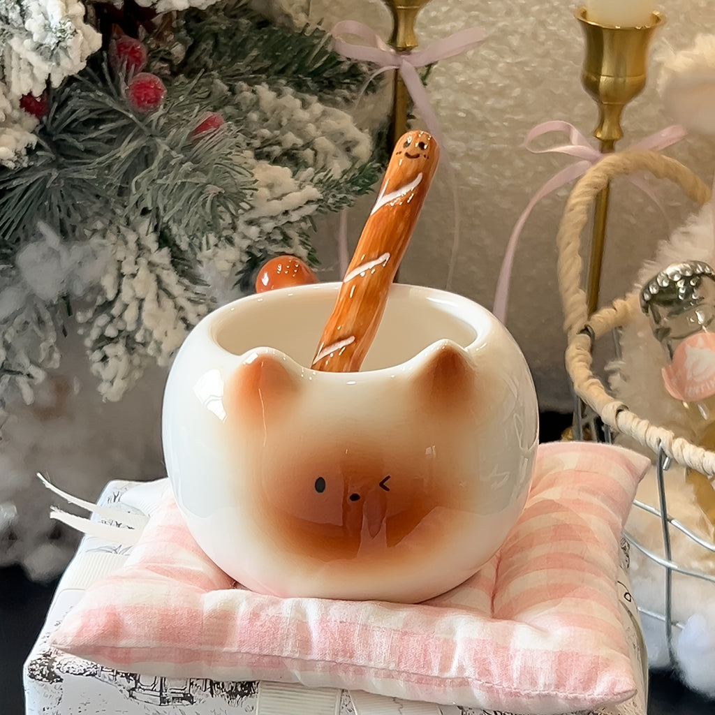 {1/2pcs} Cat-shaped Ceramic Mug, with a Bread-shaped Stirring Stick