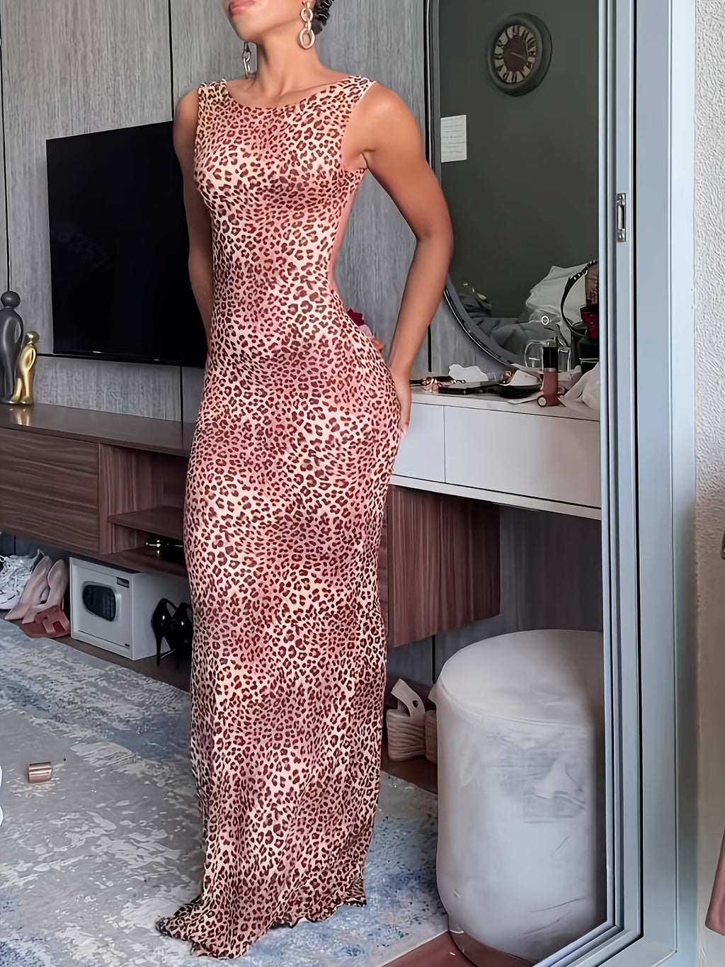 Leopard Print Mermaid Backless Evening Gown