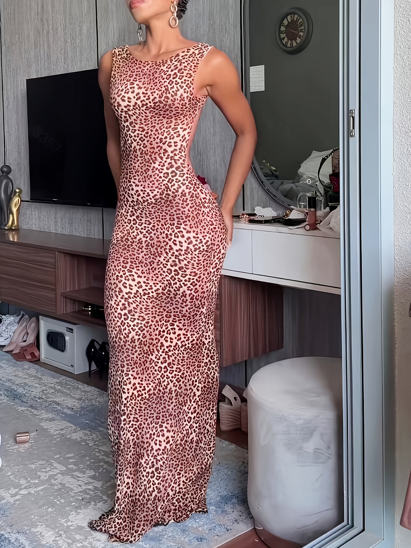 Leopard Print Mermaid Backless Evening Gown