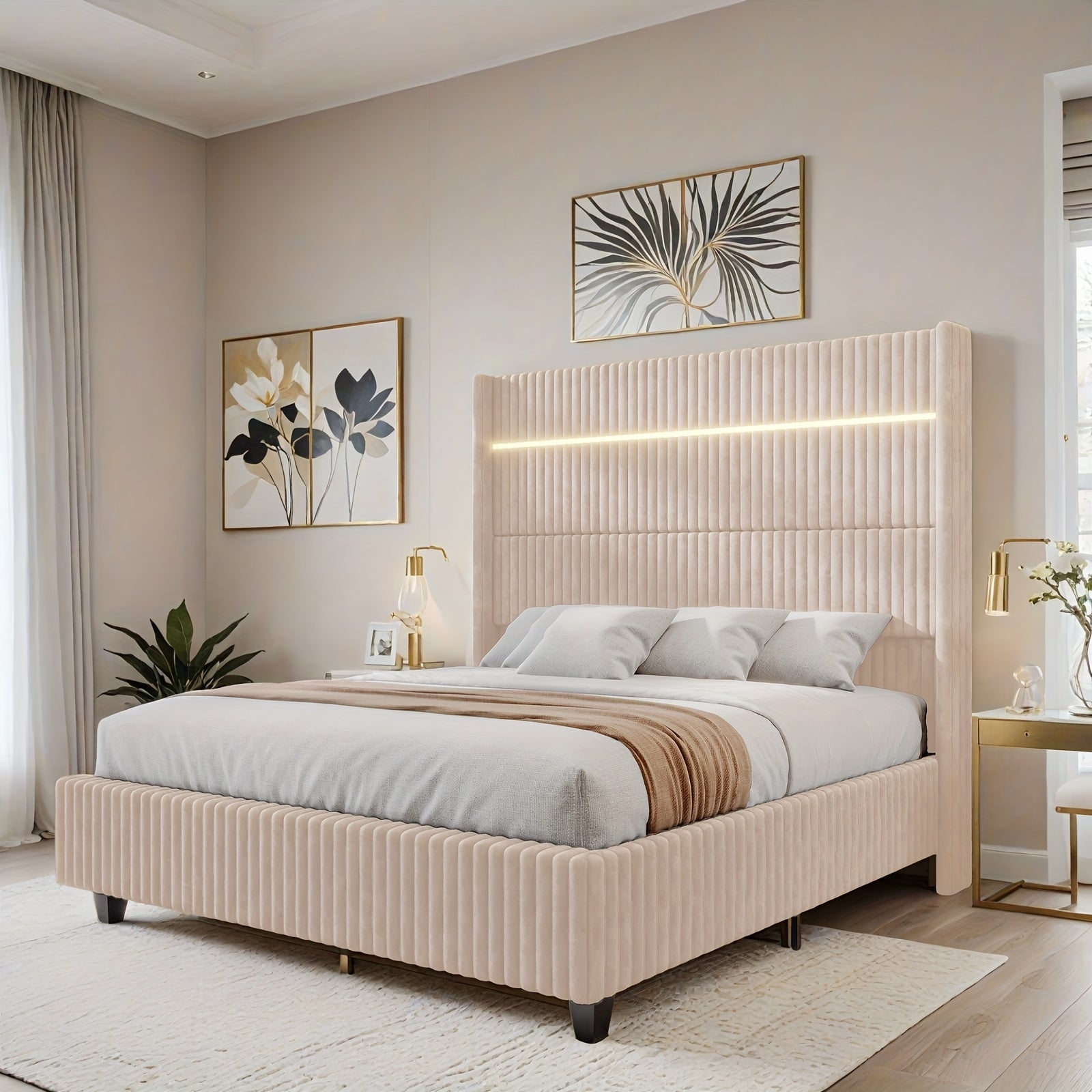 Queen/King Size LED Platform Bed Frame-60" Wingback Corduroy Headboard With USB Charging Station