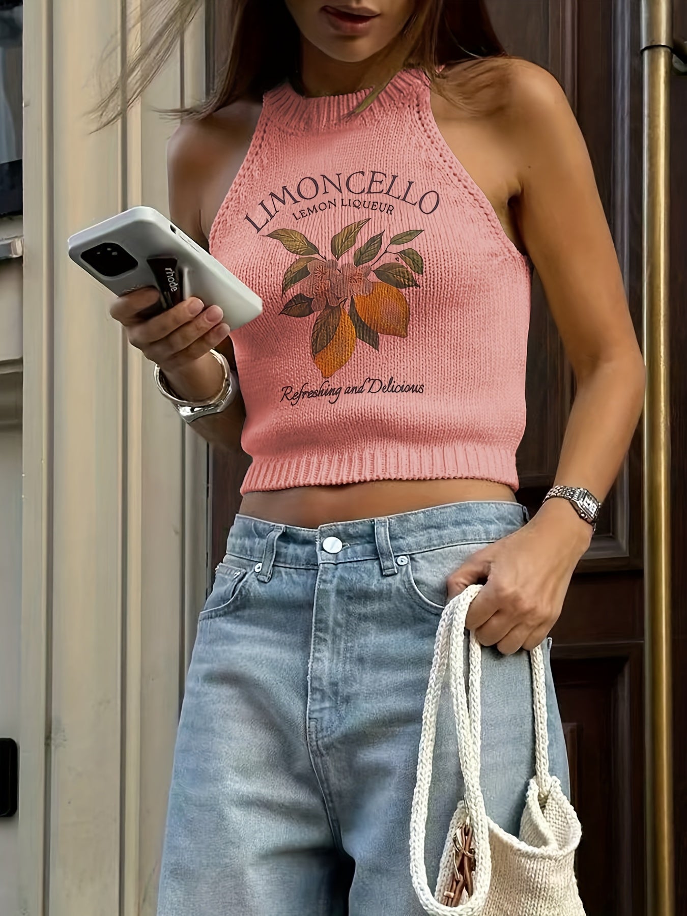 Women'S Fruit Print Cropped Tank Top - Casual & Stylish Round Neck Vest with Tropical Design, Perfect for Summer Streetwear, Summer Tank Tops