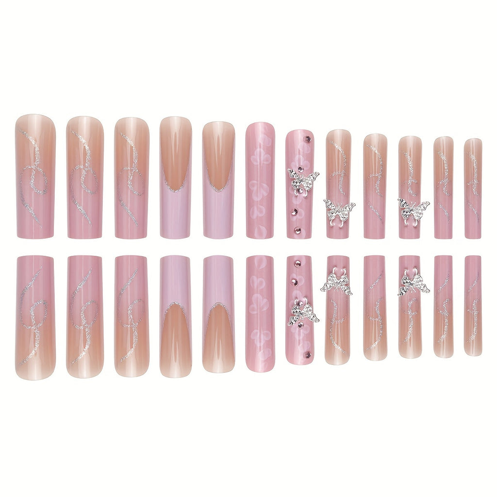 {24pcs} Extra-Long Coffin French & Ombre & Floral Pattern 3D Butterfly Rhinestone Full Cover Glossy Fake Nails