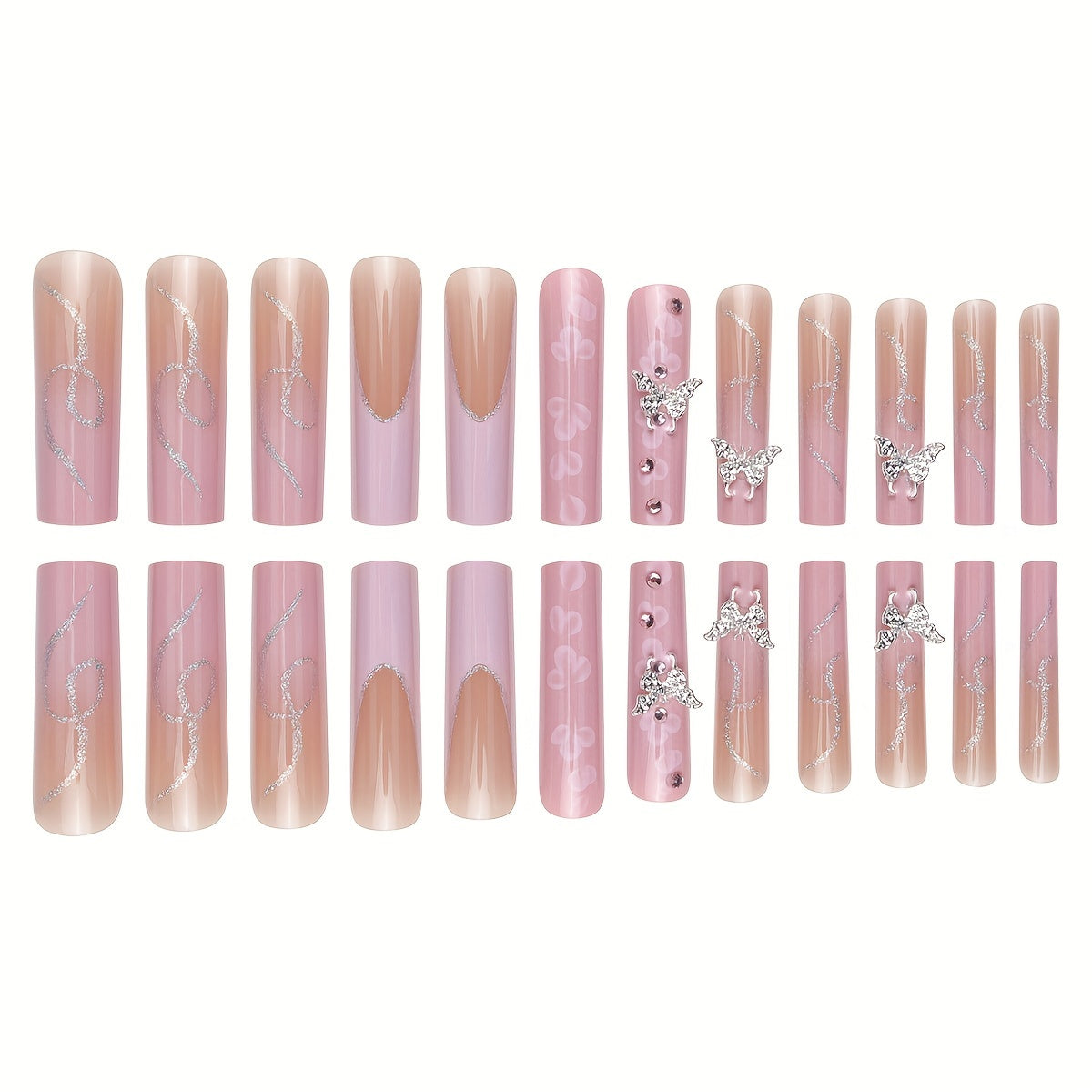 {24pcs} Extra-Long Coffin French & Ombre & Floral Pattern 3D Butterfly Rhinestone Full Cover Glossy Fake Nails